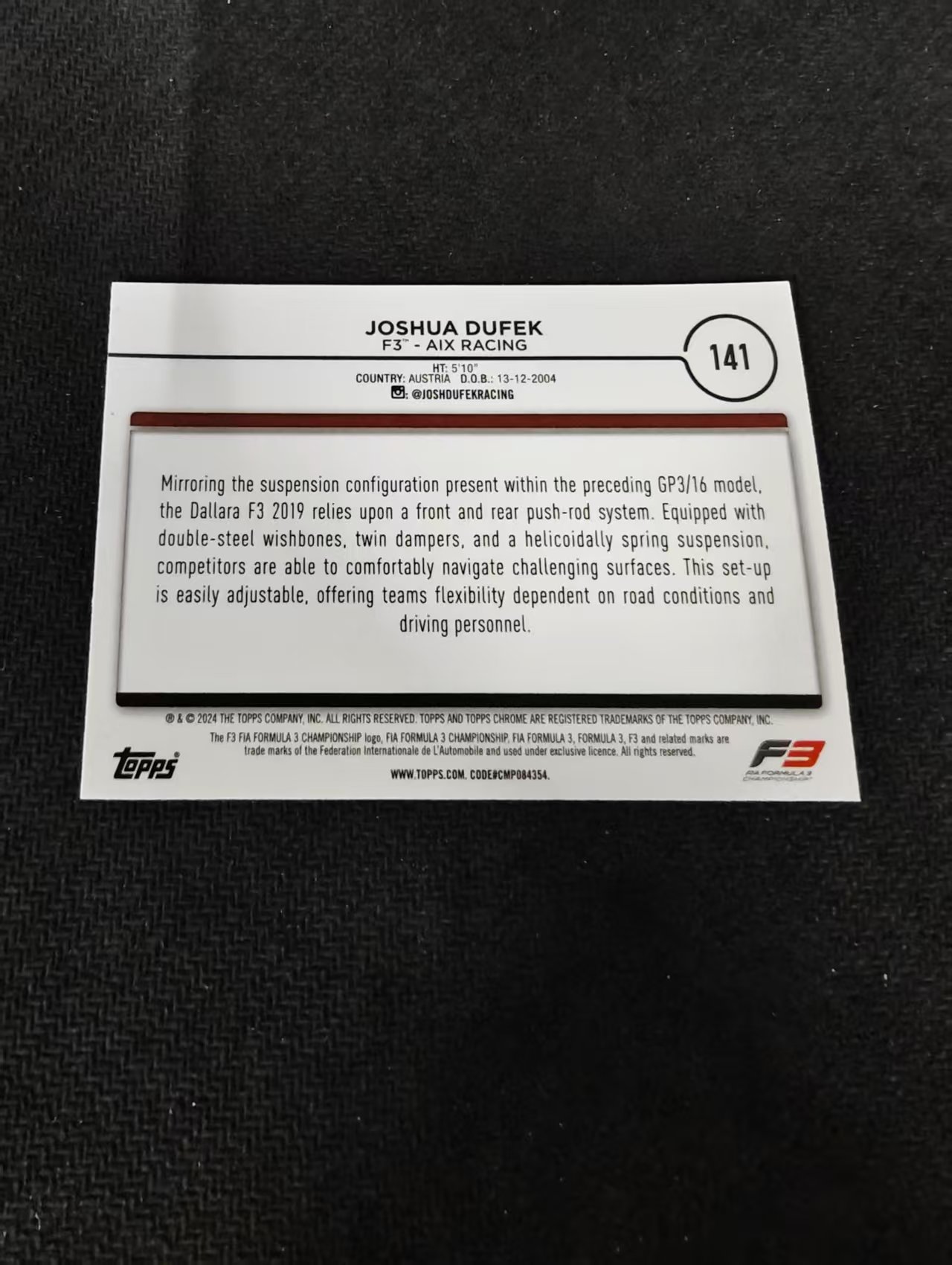 2024 Topps Chrome F3 F1 Joshua Dufek 约书亚 杜菲克 奥地利 划痕 边角瑕疵 #141
