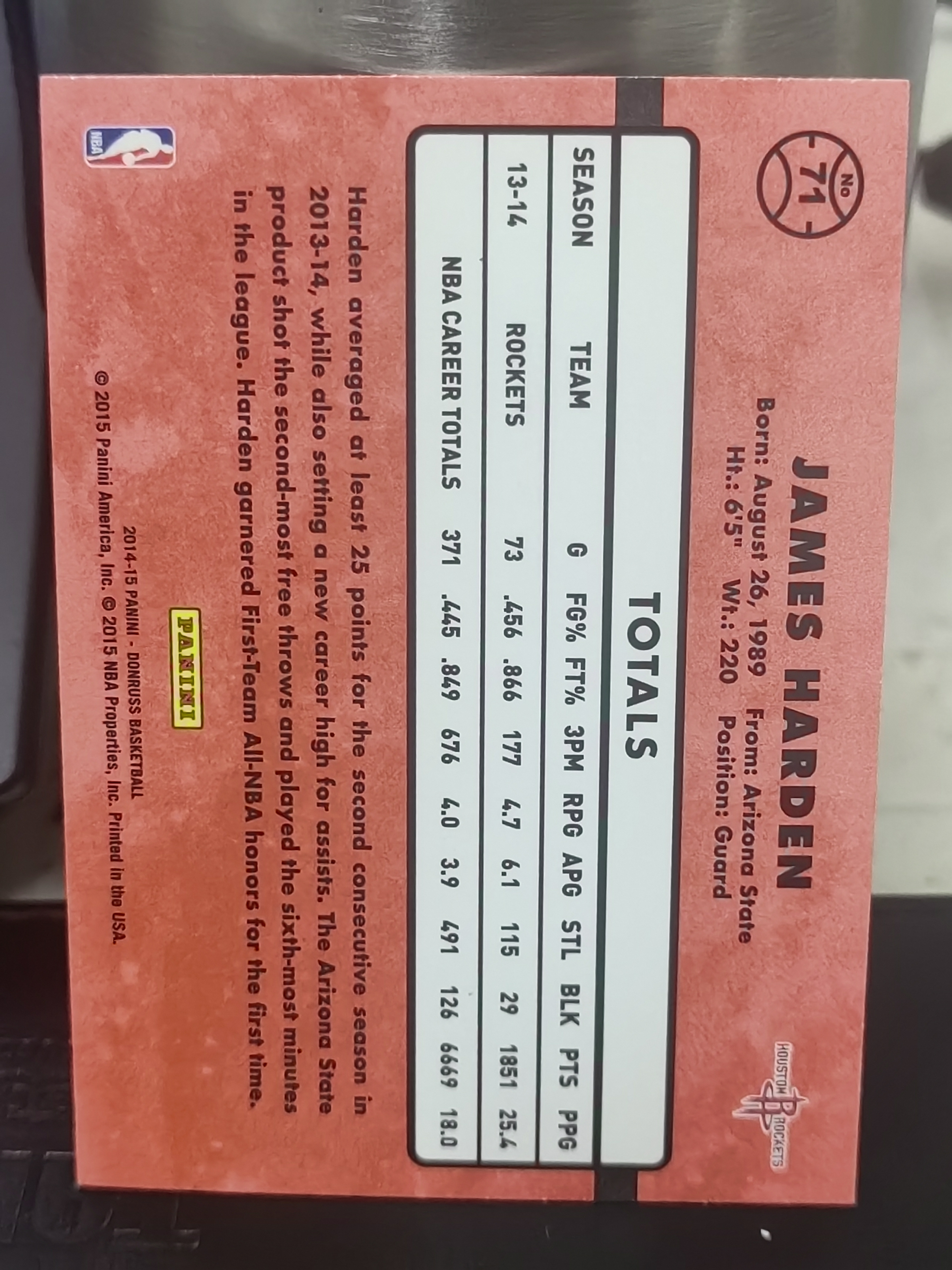 2014-15 Panini Donruss James Harden 杜蕾斯 詹姆斯 哈登 火箭 第二张 篮 白边白角 不保卡品 卡品如图