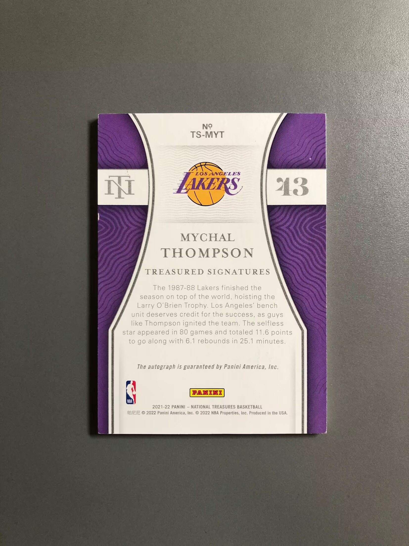 2021-22 Panini National Treasures Mychal Thompson 迈克尔·汤普森 湖人 签字 卡签 Treasured 49编 实卡好看 瑕疵如图 可累计 FT040