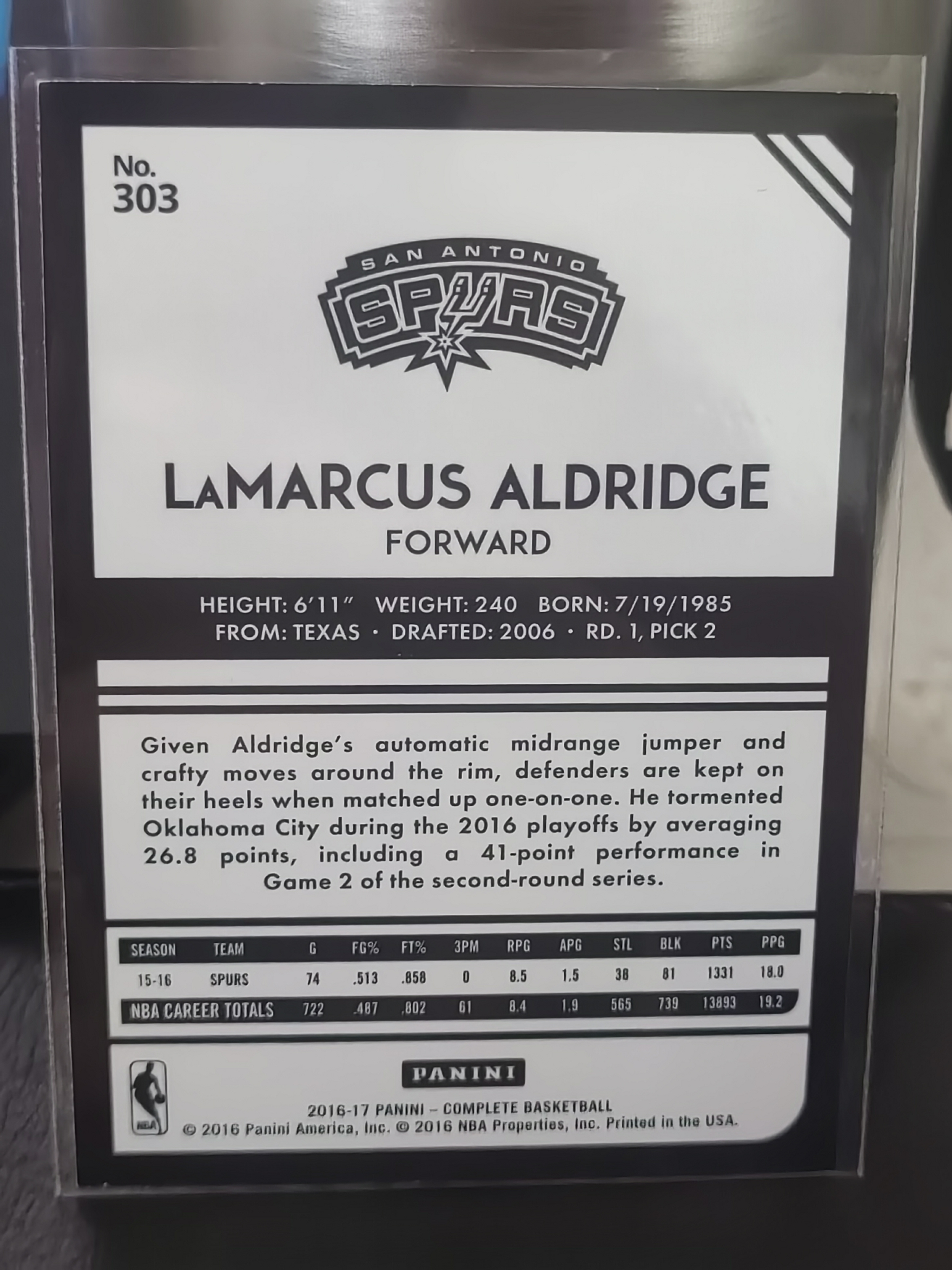 2016-17 Panini Complete LaMarcus Aldridge Complete 拉马库斯 阿尔德里奇 马刺 篮 白边白角 不保卡品 卡品如图