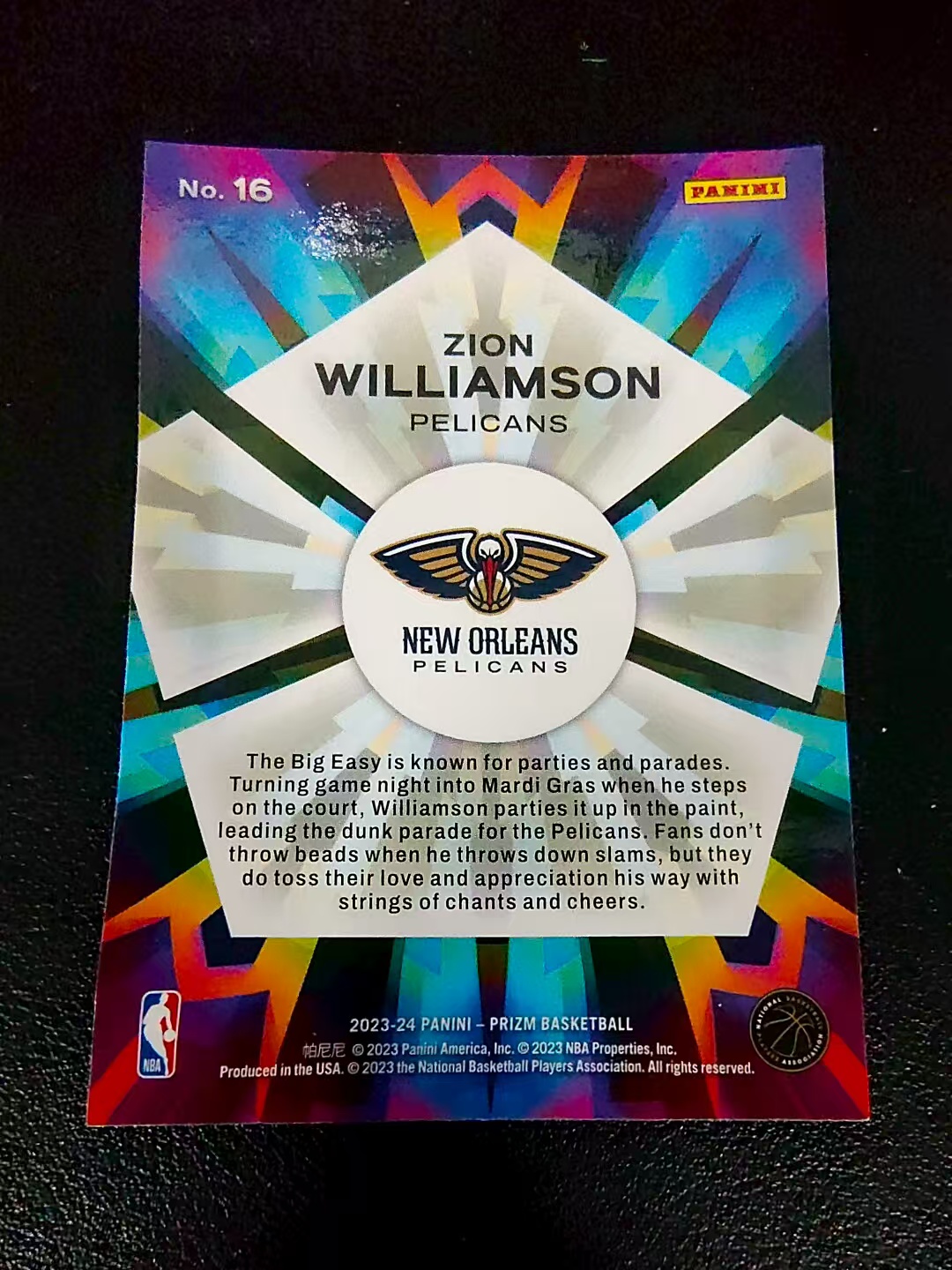 【可合并,不累计】2023-24 Panini Prizm Zion Williamson 鹈鹕 锡安 威廉姆斯 胖虎 万花筒特卡 PZ 划痕 边角微瑕 介意勿拍 #16