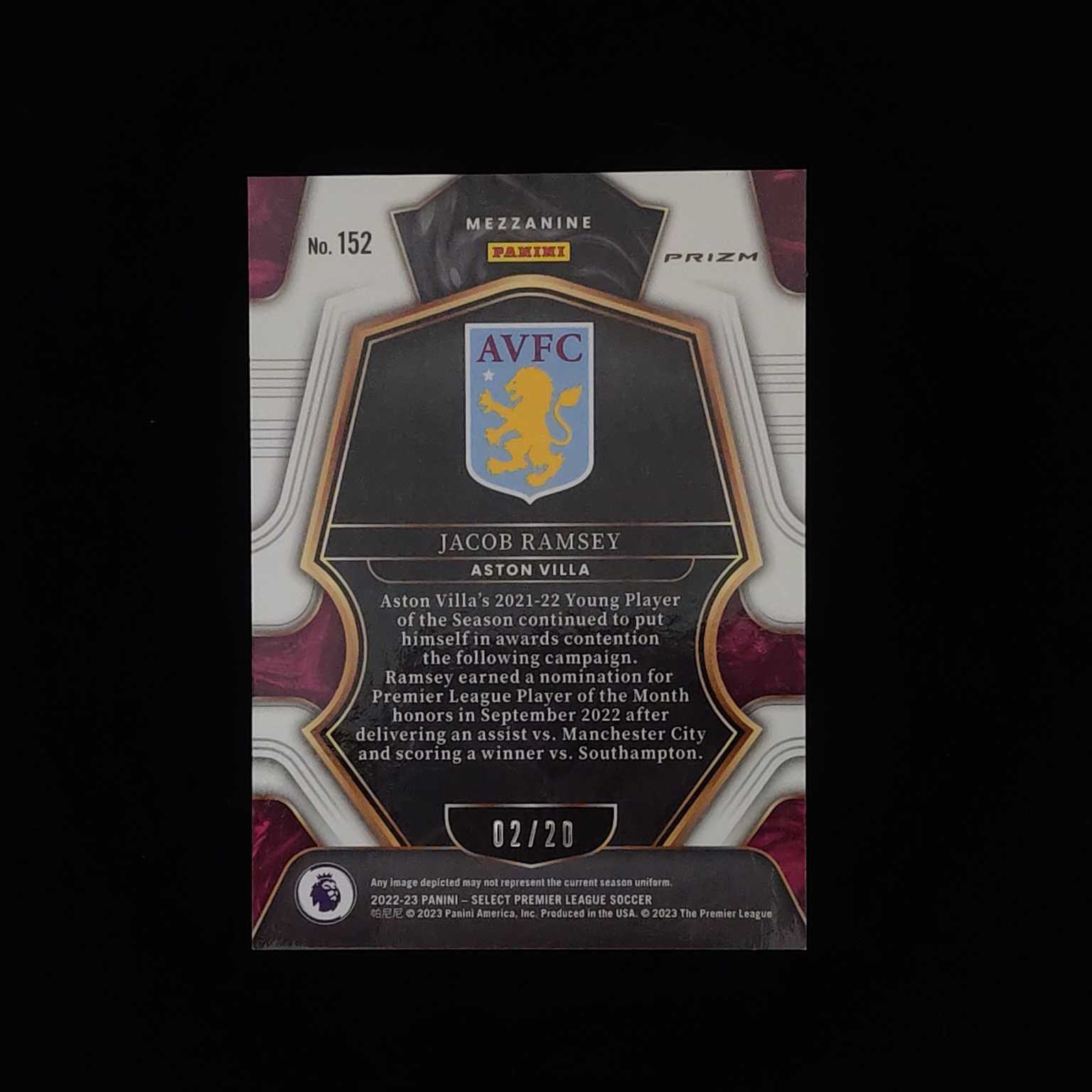2022-23 Panini Select Jacob Ramsey 英超 阿斯顿维拉 拉姆塞 白折 02/20编 蝴蝶编 二级 卡品如图 收藏必备