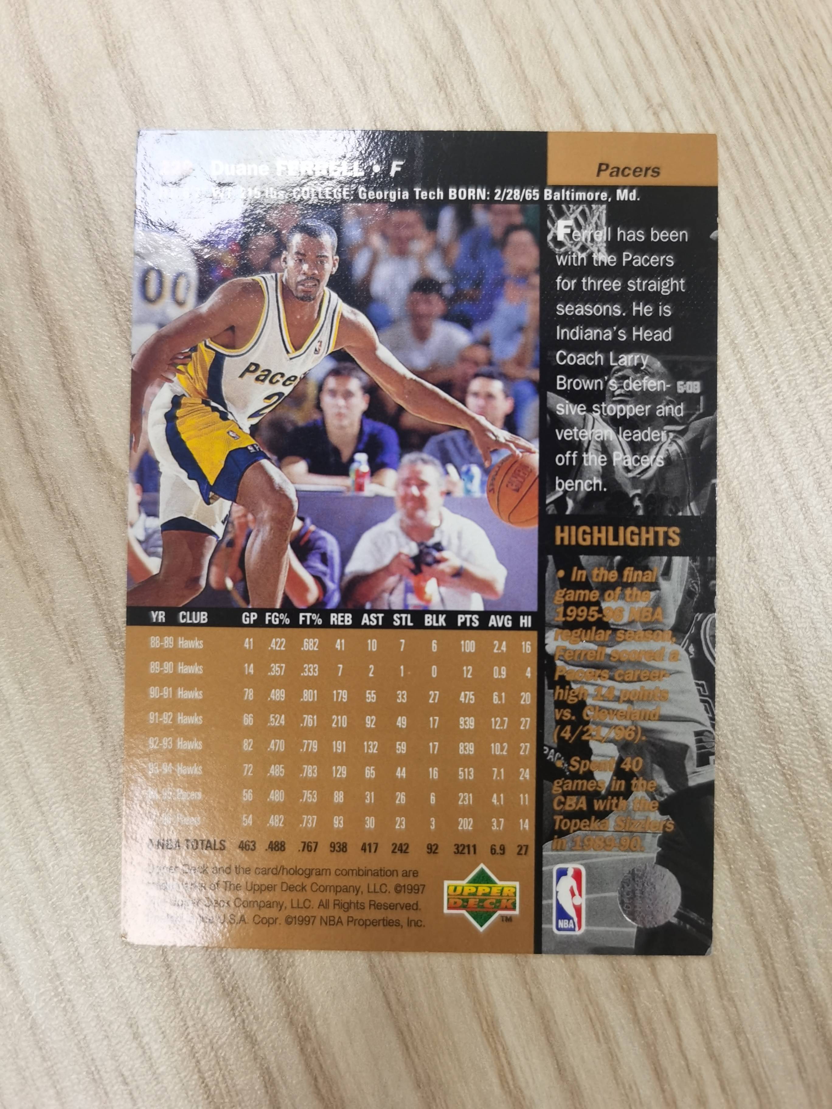 1996-97 Upper Deck Base Duane Ferrell 1996-97 杜恩-费雷尔 UD 铜标 #229 步行者 硬通货 极具收藏价值