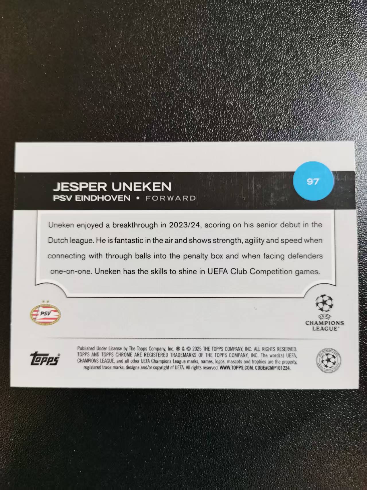 2025 Topps Chrome Jesper Uneken 杰斯帕于内肯 埃因霍温 新秀RC 欧冠TC 收藏凑套 卡品如图 免费代拍AKJ