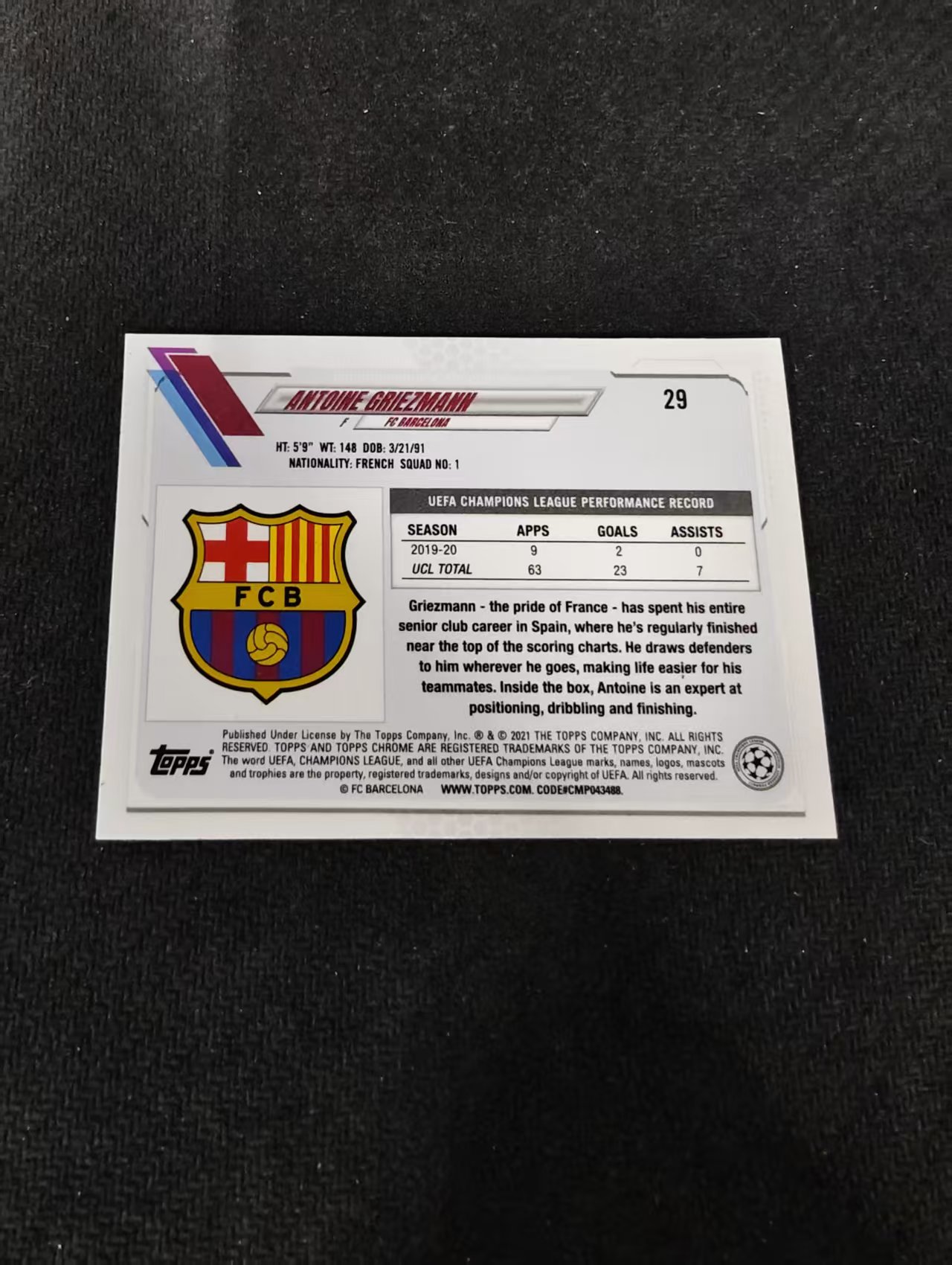 【可合并,不累计】2021 Topps Chrome Antoine Griezmann 格列兹曼 巴萨 欧冠 碎花折 碎点折 划痕 边角瑕疵 #29