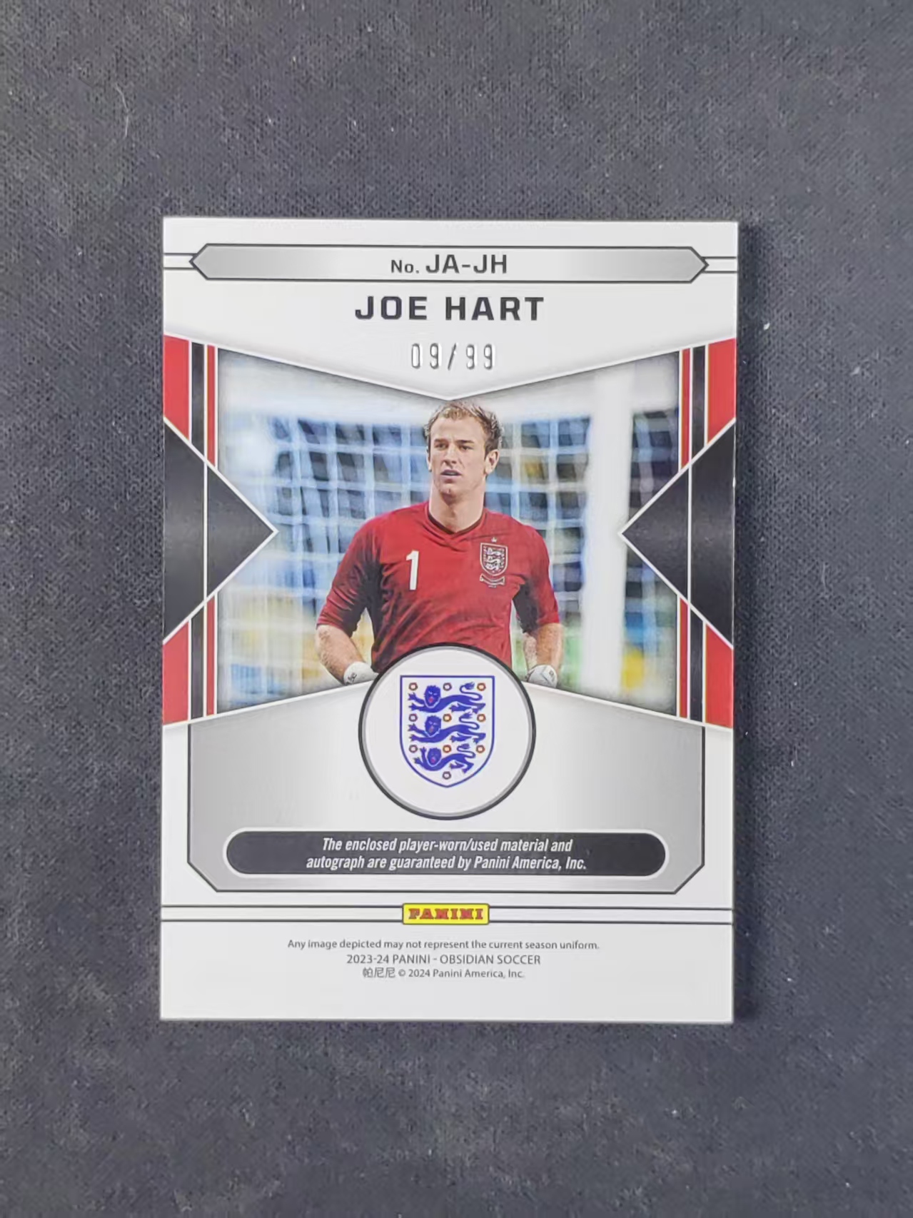 2023-24 Panini Obsidian Joe Hart 【林林拍卖吹c王】黑曜石系列 国家队 英格兰 乔哈特 09/99编 橙折 球衣实物物料 签字