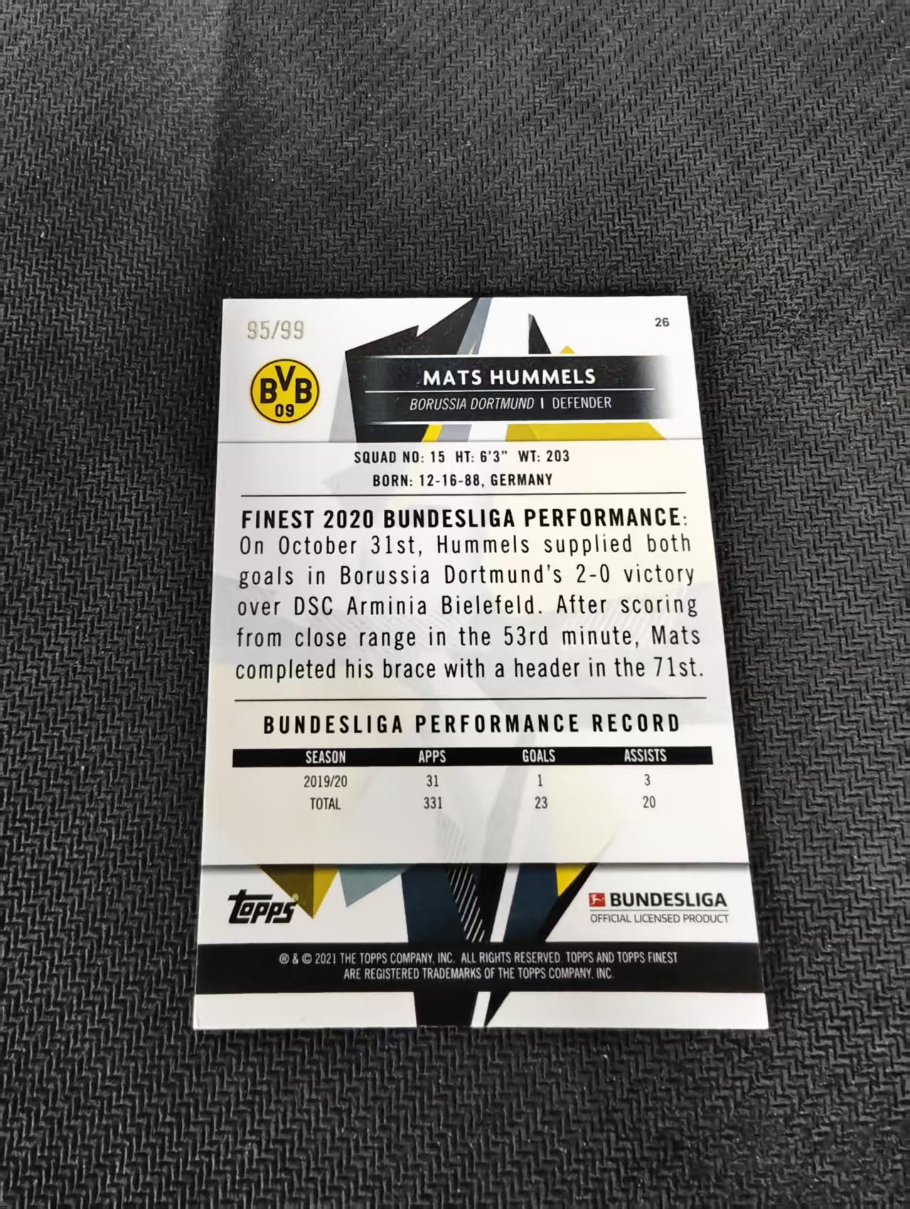 【可合并,不累计】2021 Topps Finest MATS HUMMELS 德甲 多特蒙德 德国 胡梅尔斯 绿折 99编 瑕疵如图