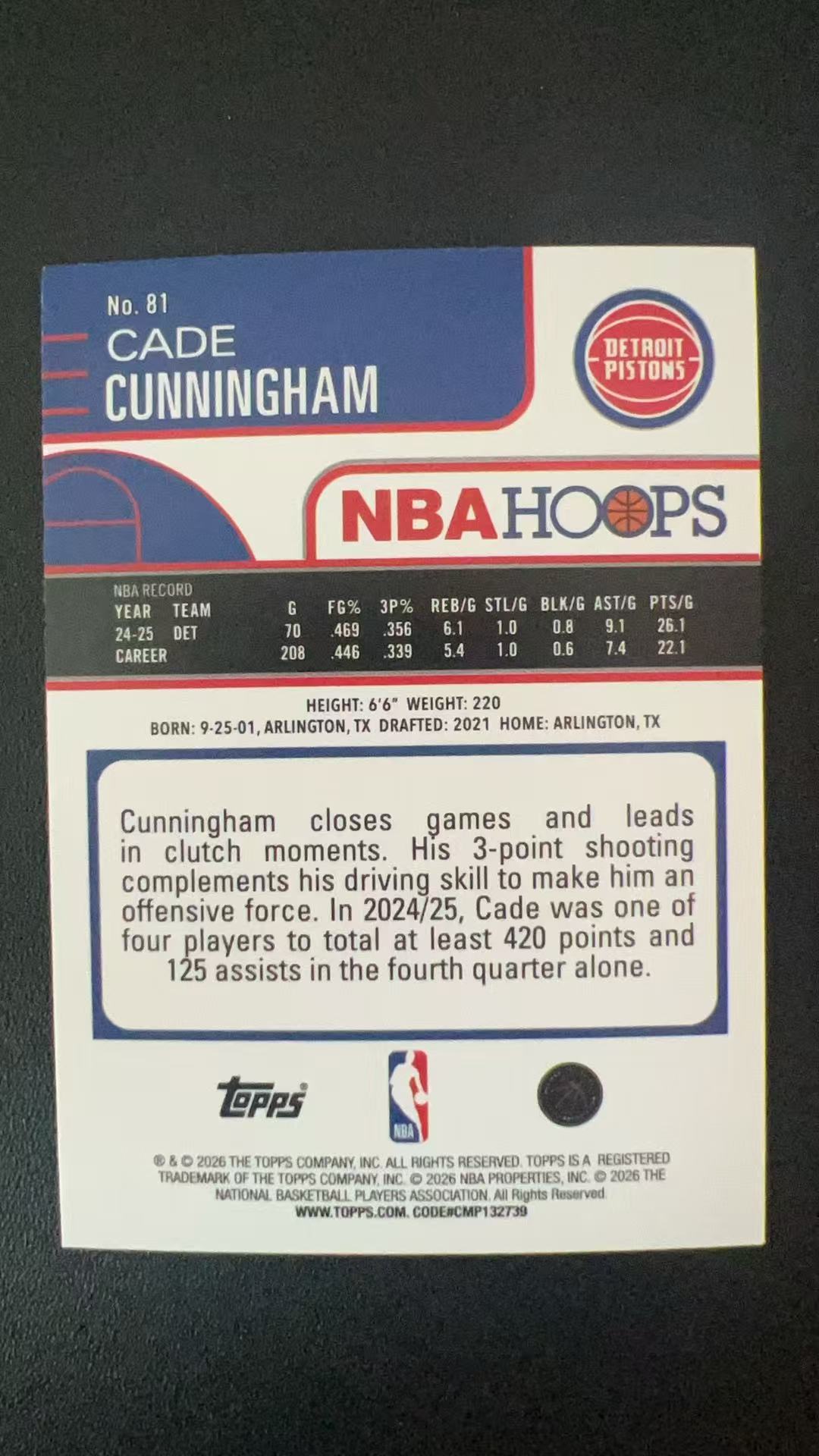 2026 Topps Hoops Cade Cunningham #81 B44