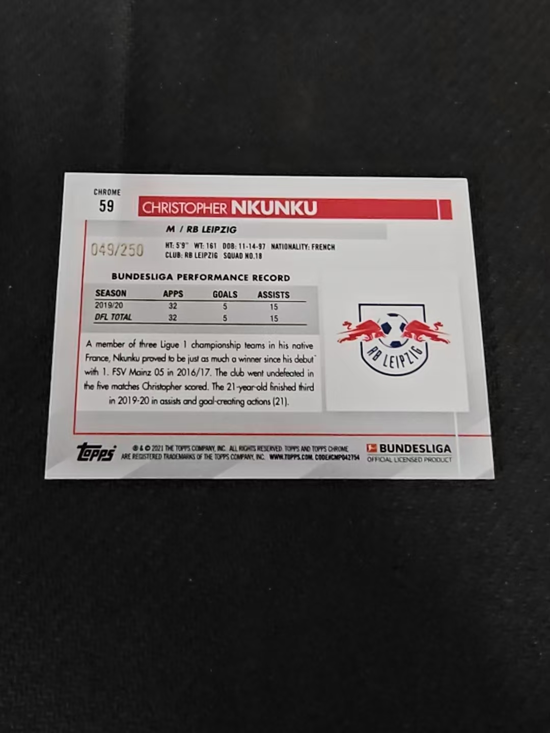 【可合并,不累计】2021 Topps Chrome Christopher Nkunku 克里斯托弗 恩昆库 莱比锡红牛 德甲 波纹折 250编 划痕 边角瑕疵