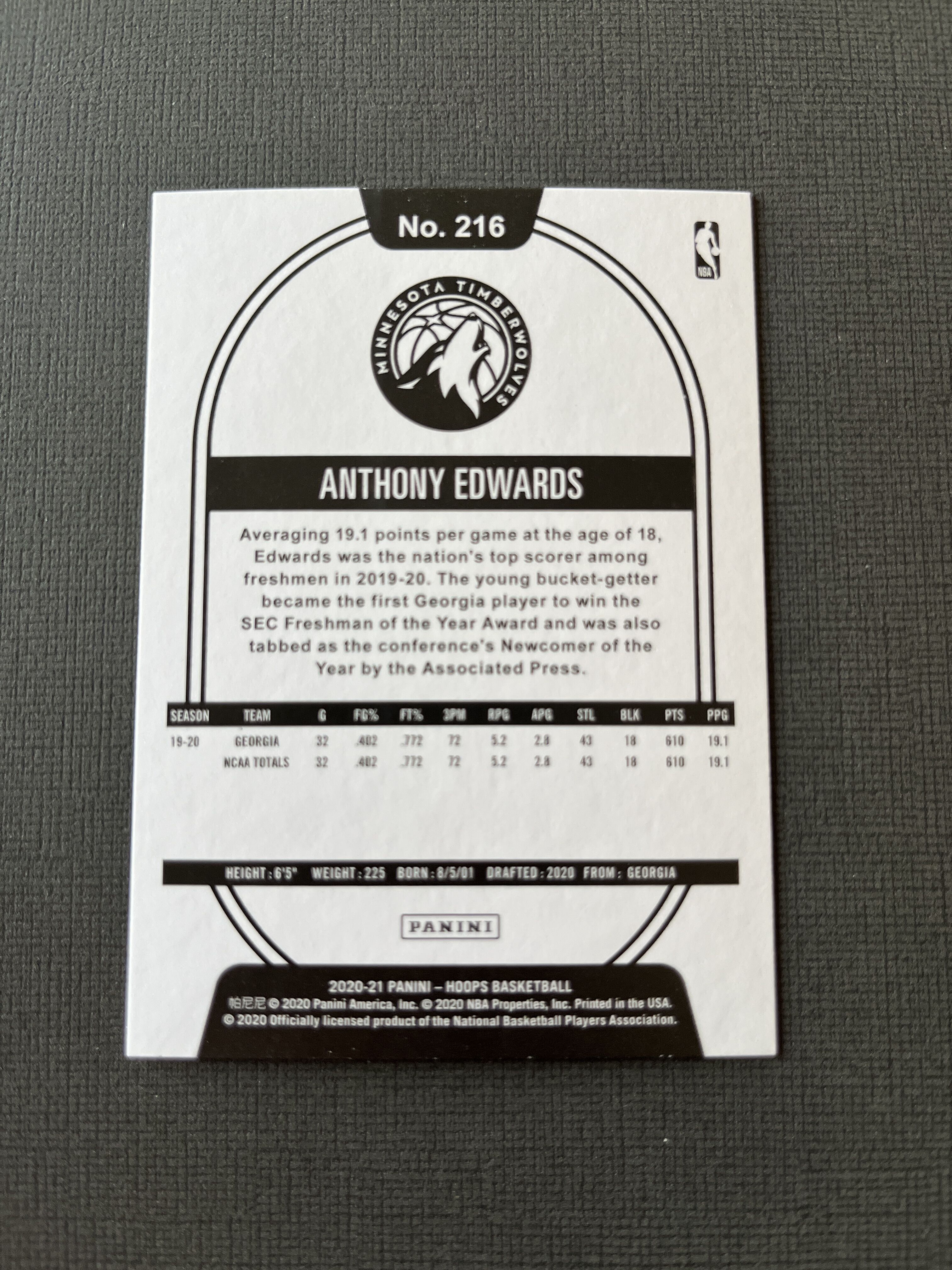2020-21 Panini NBA Hoops Anthony Edwards RC 安东尼 爱德华兹 森林狼 新秀 base