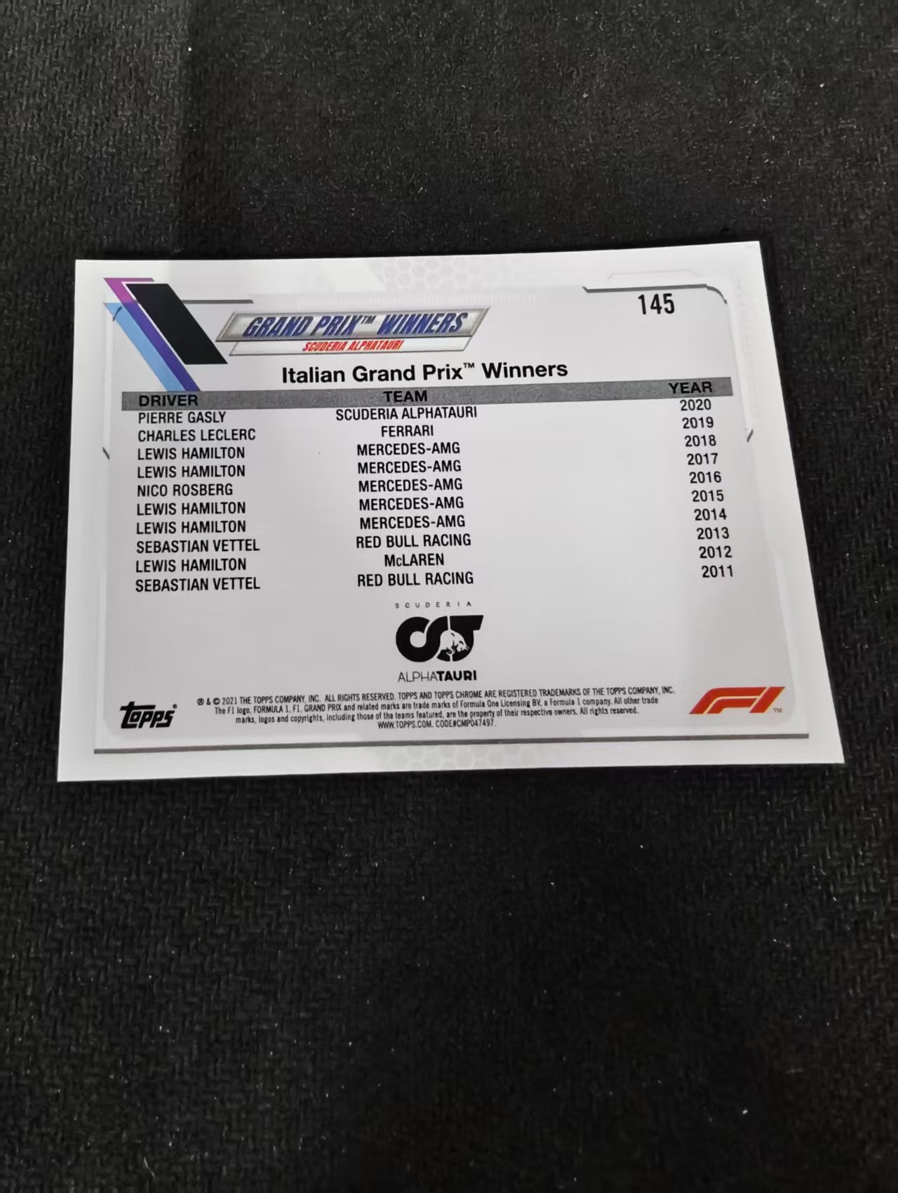 2021 Topps Chrome Pierre Gasly F1 皮埃尔 加斯利 划痕 边角瑕疵 #145