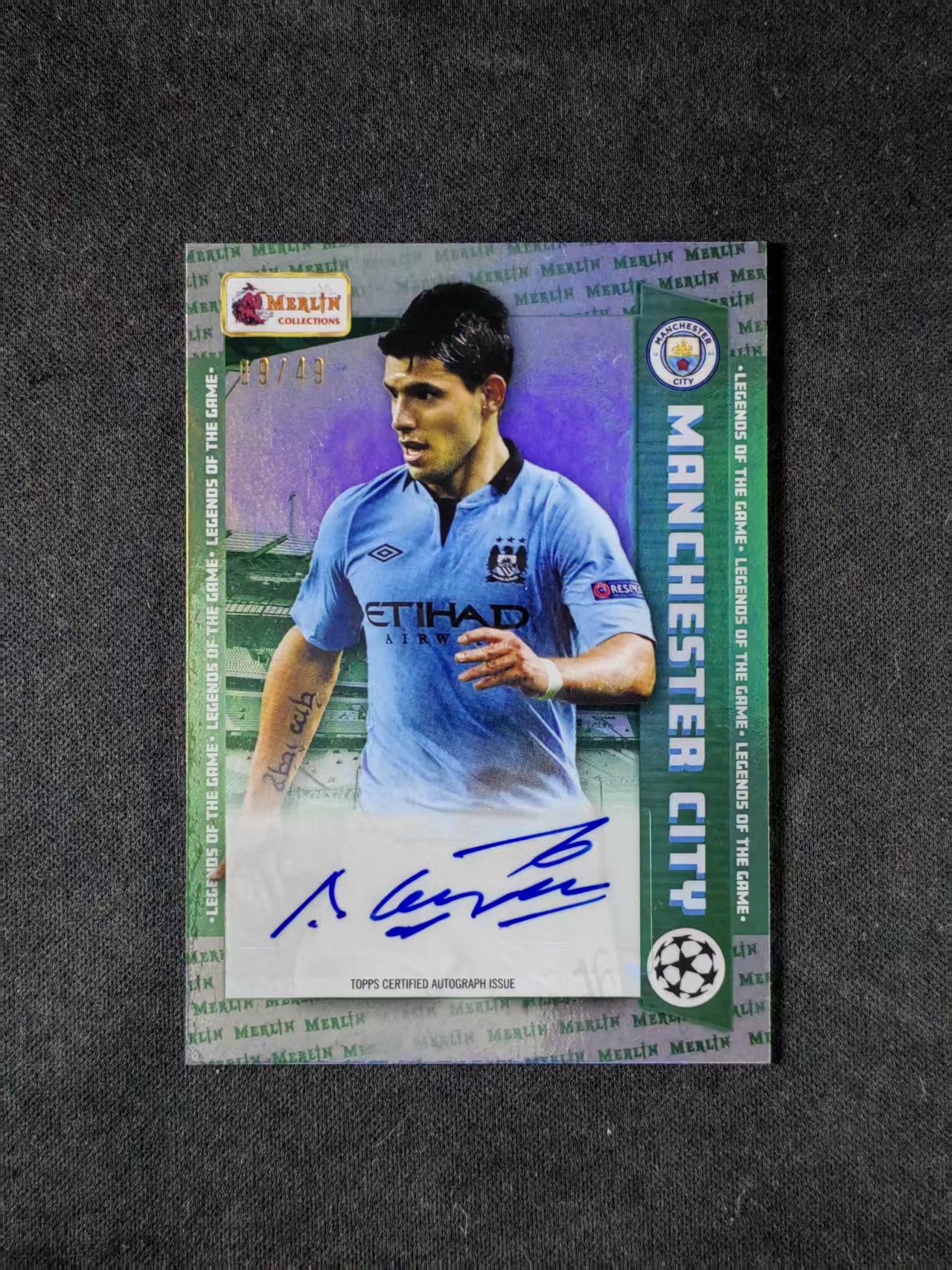 2023 Topps Merlin Sergio Agüero 【林林拍卖鬼叻】梅林系列 欧冠 英超 曼彻斯特城 曼城 阿奎罗 阿圭罗 09/49编 绿折 签字