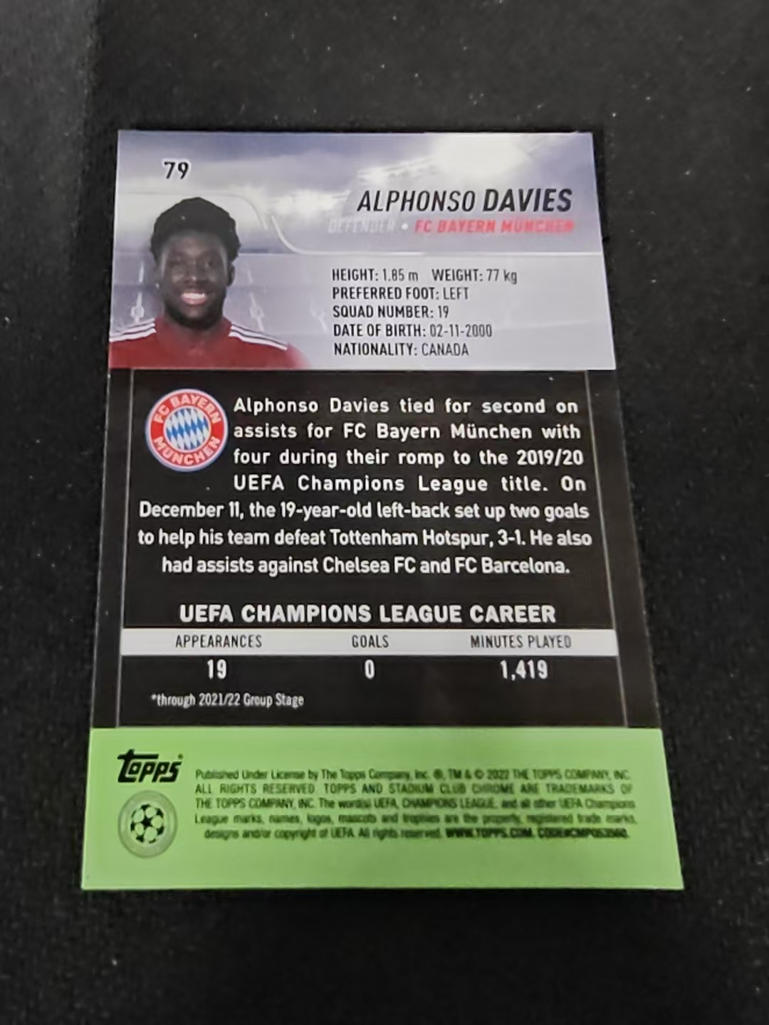 【可合并,不累计】2022 Topps Stadium Club Chrome Alphonso Davies 阿方索 戴维斯 欧冠 竞技场 不保卡品 介意勿拍 #79