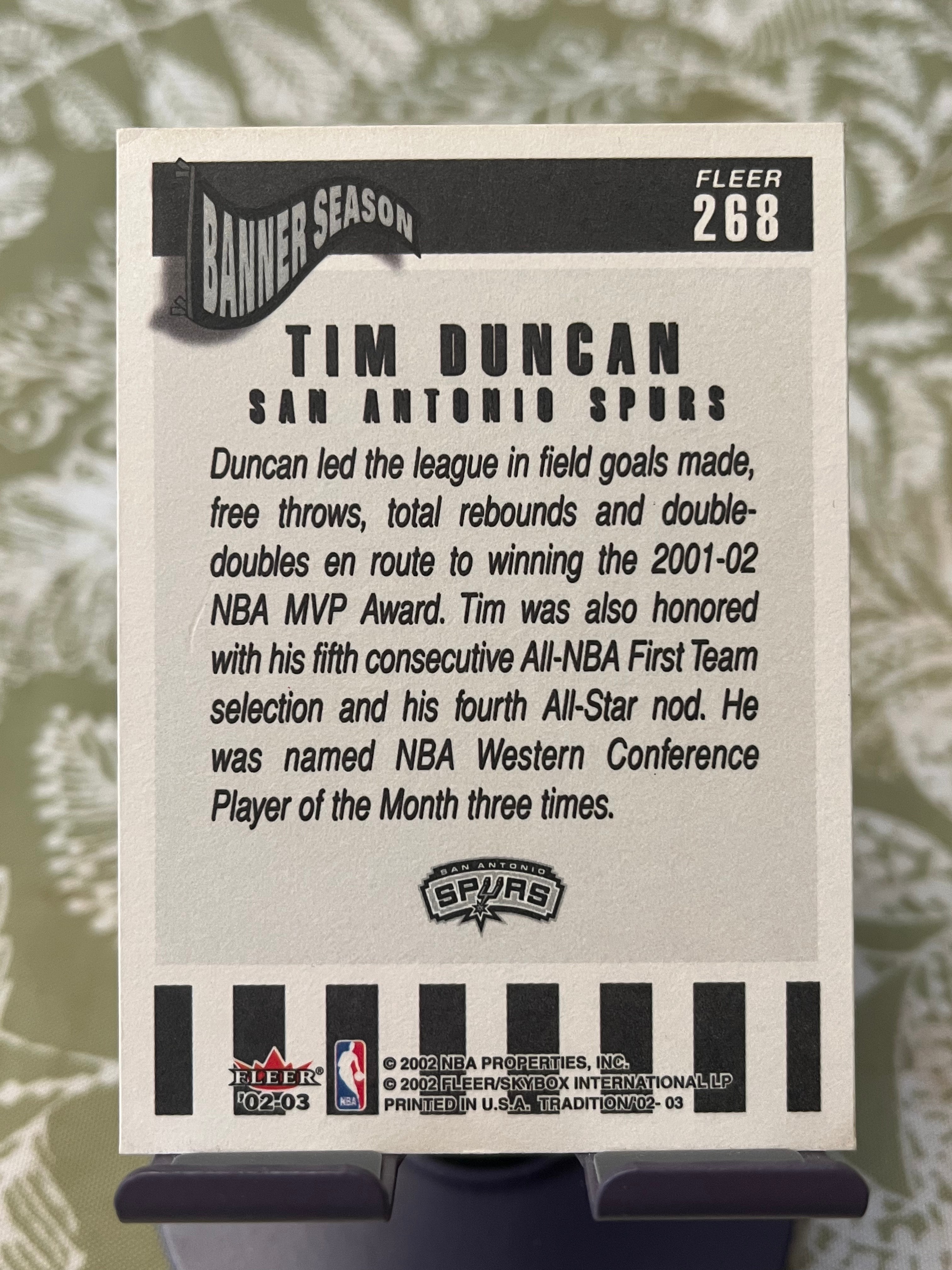 2002 Fleer 老卡 老特 Tim Duncan 蒂姆 邓肯 石佛 马刺【设计经典 BANNER SEASON 标志性赛季】【边角瑕疵如图 介意勿拍】#1186