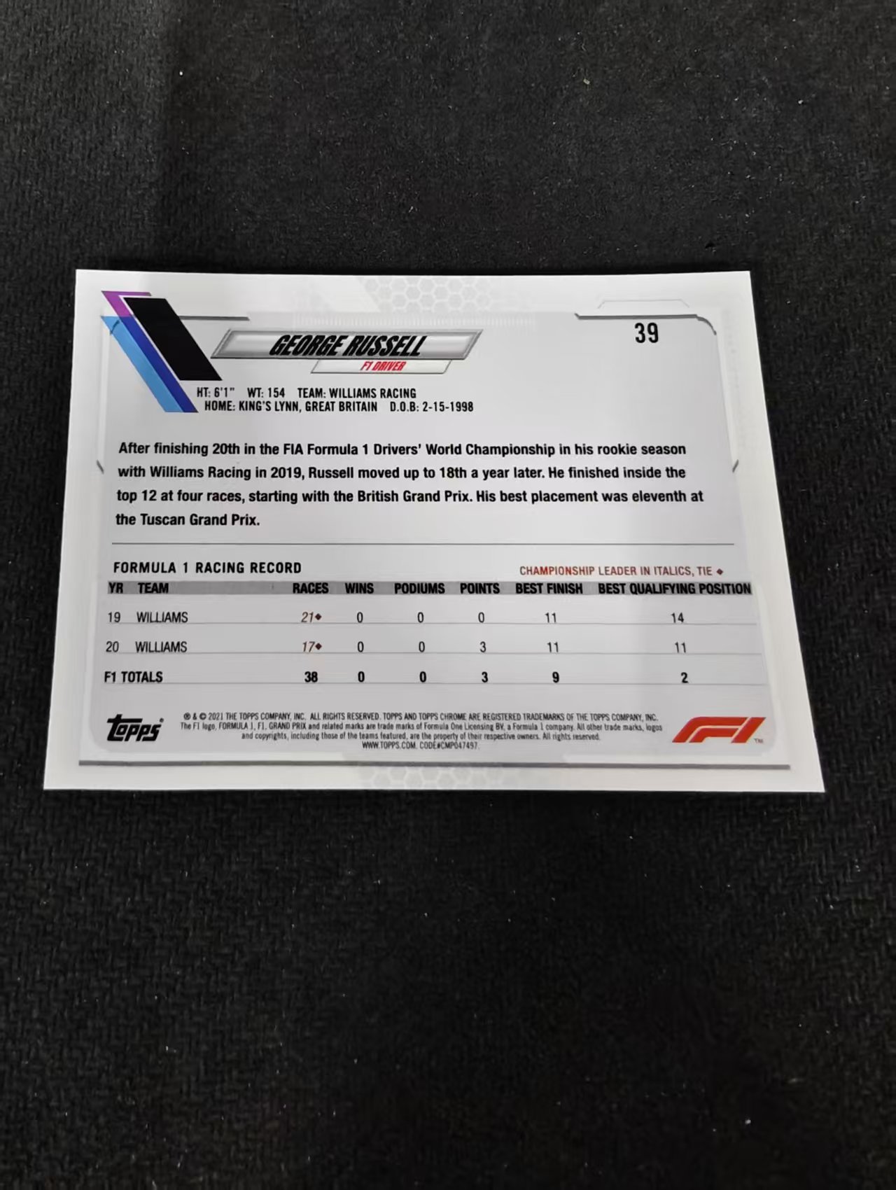 2021 Topps Chrome George Russell F1 威廉姆斯车队 乔治 拉塞尔 划痕 边角瑕疵 #39