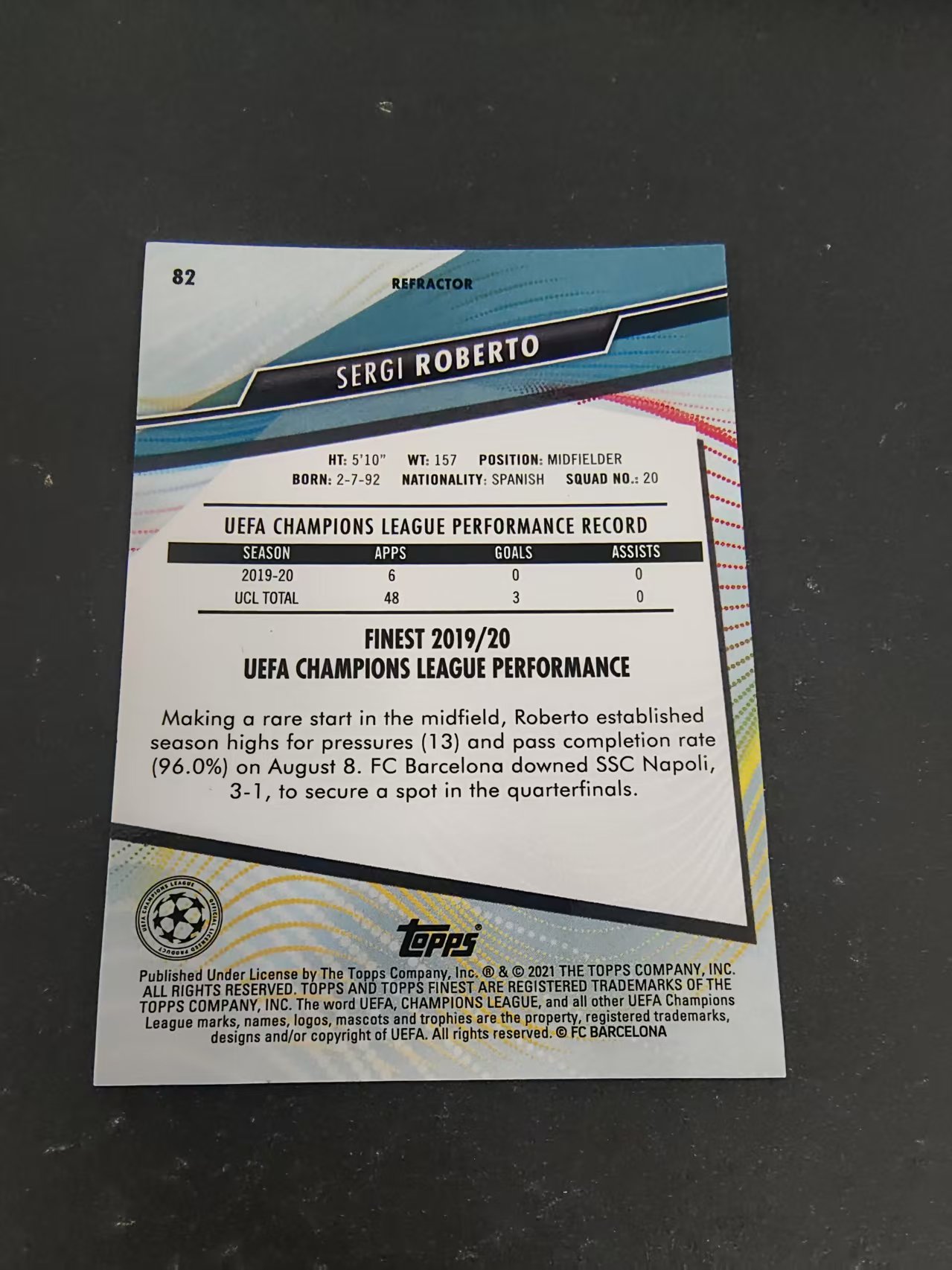 【可合并,不累计】2021 Topps Finest SERGI ROBERTO 巴萨 巴塞罗那 塞尔吉 罗伯托 西班牙 欧冠 银折 #82