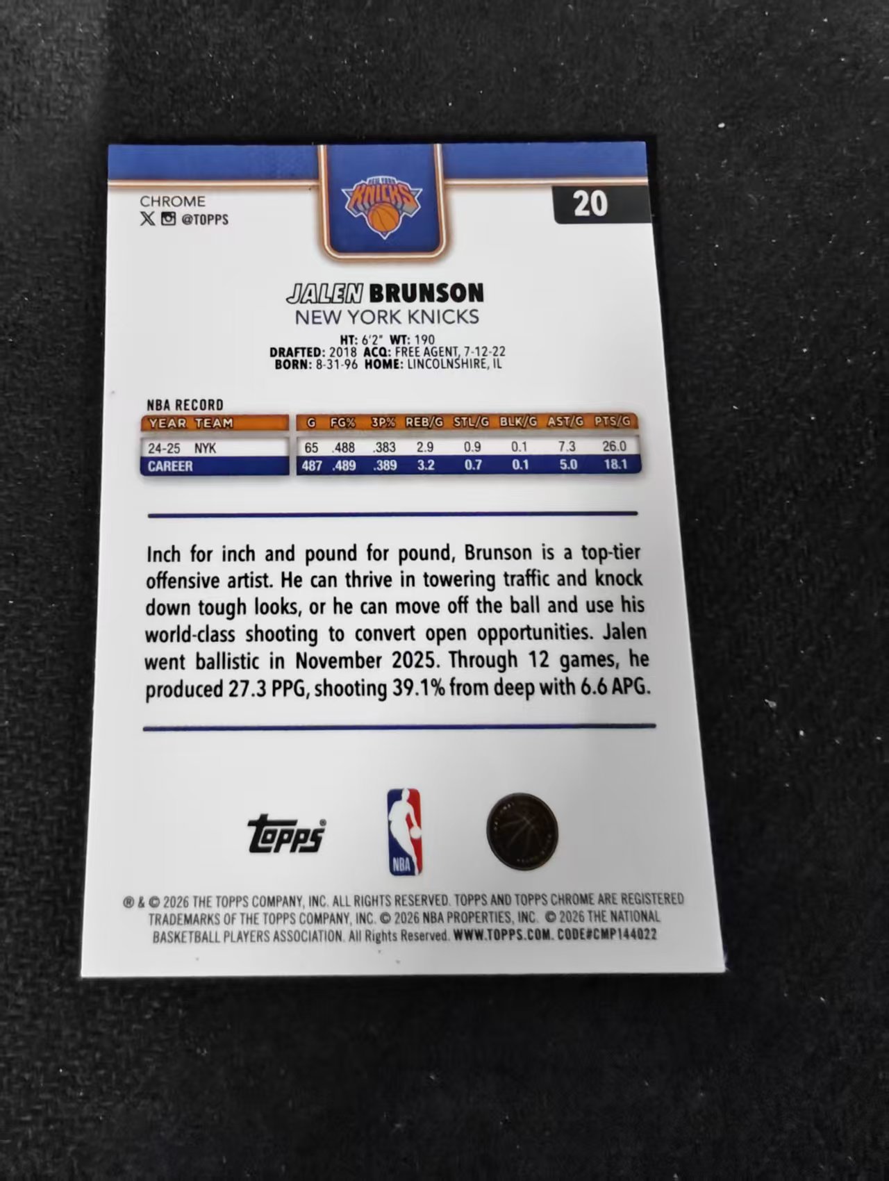 2026 Topps Chrome Update Jalen Brunson 尼克斯 杰伦 布伦森 大头 TCU 划痕 边角瑕疵 #20