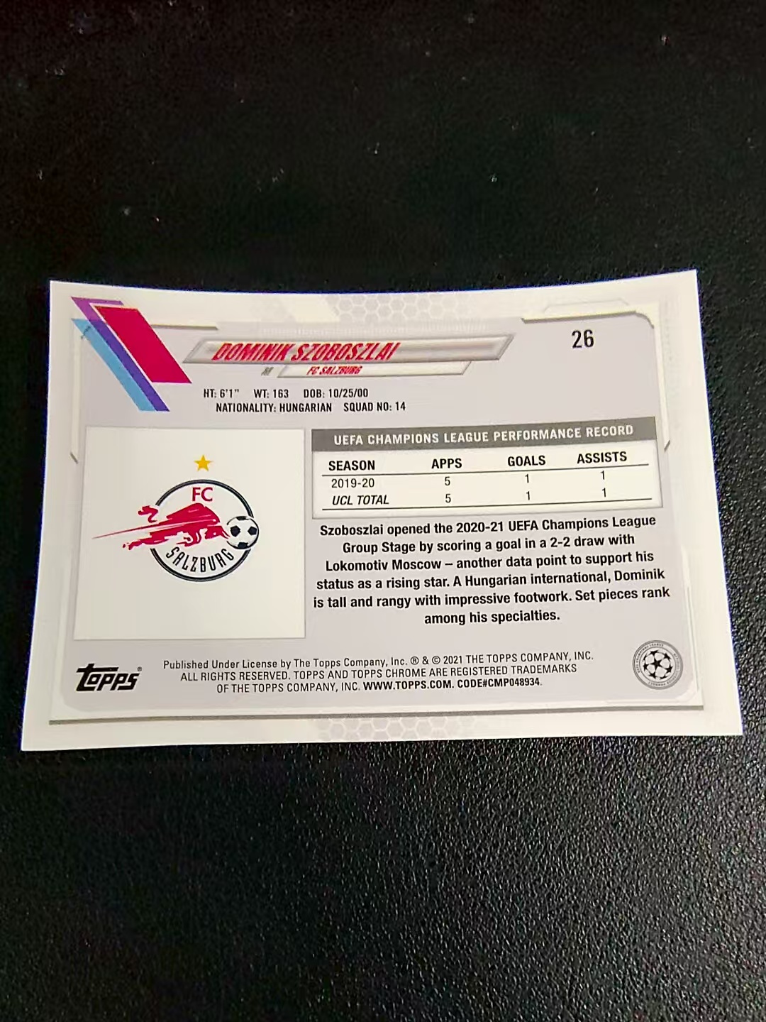 【可合并,不累计】2021 Topps Chrome Dominik Szoboszlai 索伯斯洛伊 莱比锡红牛 欧冠 划痕 边角瑕疵 @26