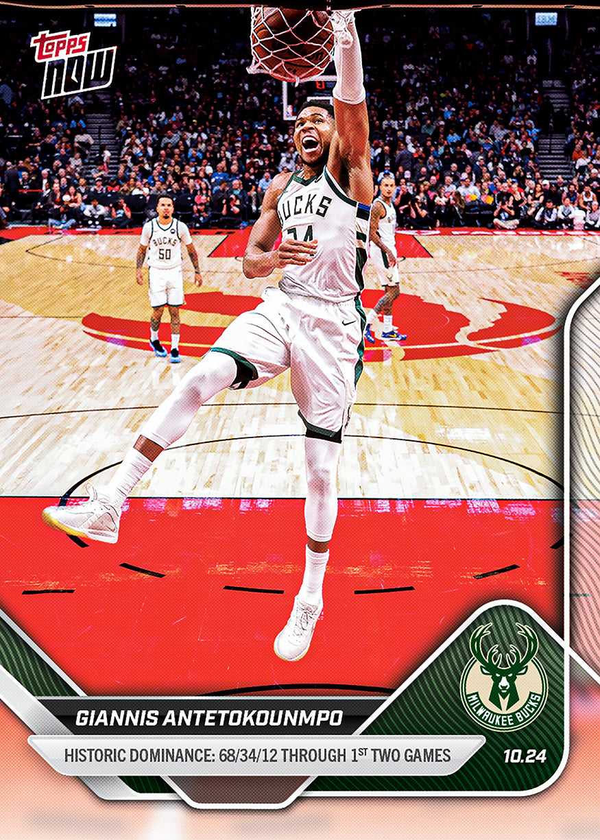 2025 Topps Now Giannis Antetokounmpo NBA 字母哥 扬尼斯 阿德托昆博 历史级别数据:赛季前两战拿下68/34/12（彬伯）【JS卡牌潮玩】（随机发货，卡品通行）