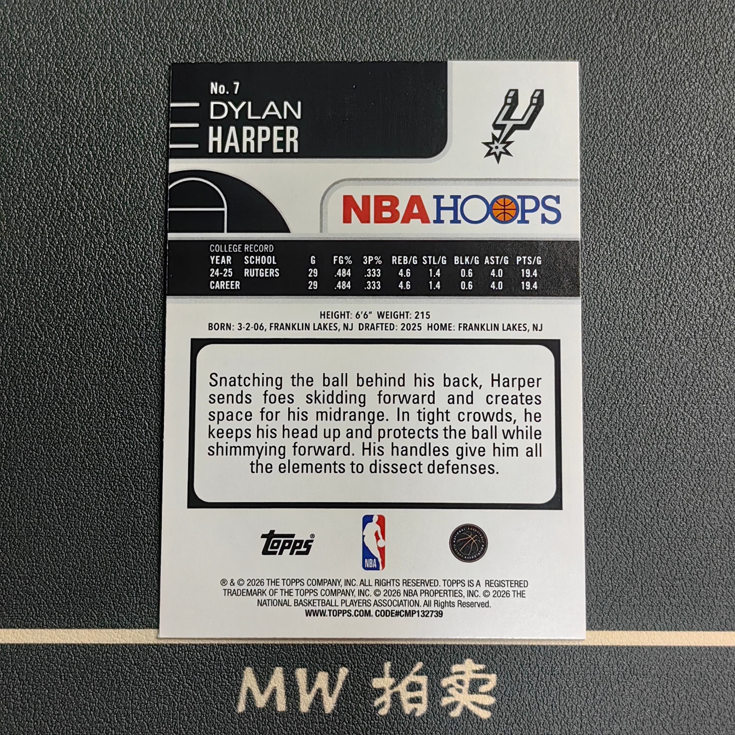 【MW拍卖】 迪伦 哈珀 RC新秀 2025-26 Topps HOOPS 银折 NBA DYLAN HARPER 马刺 3 -璐