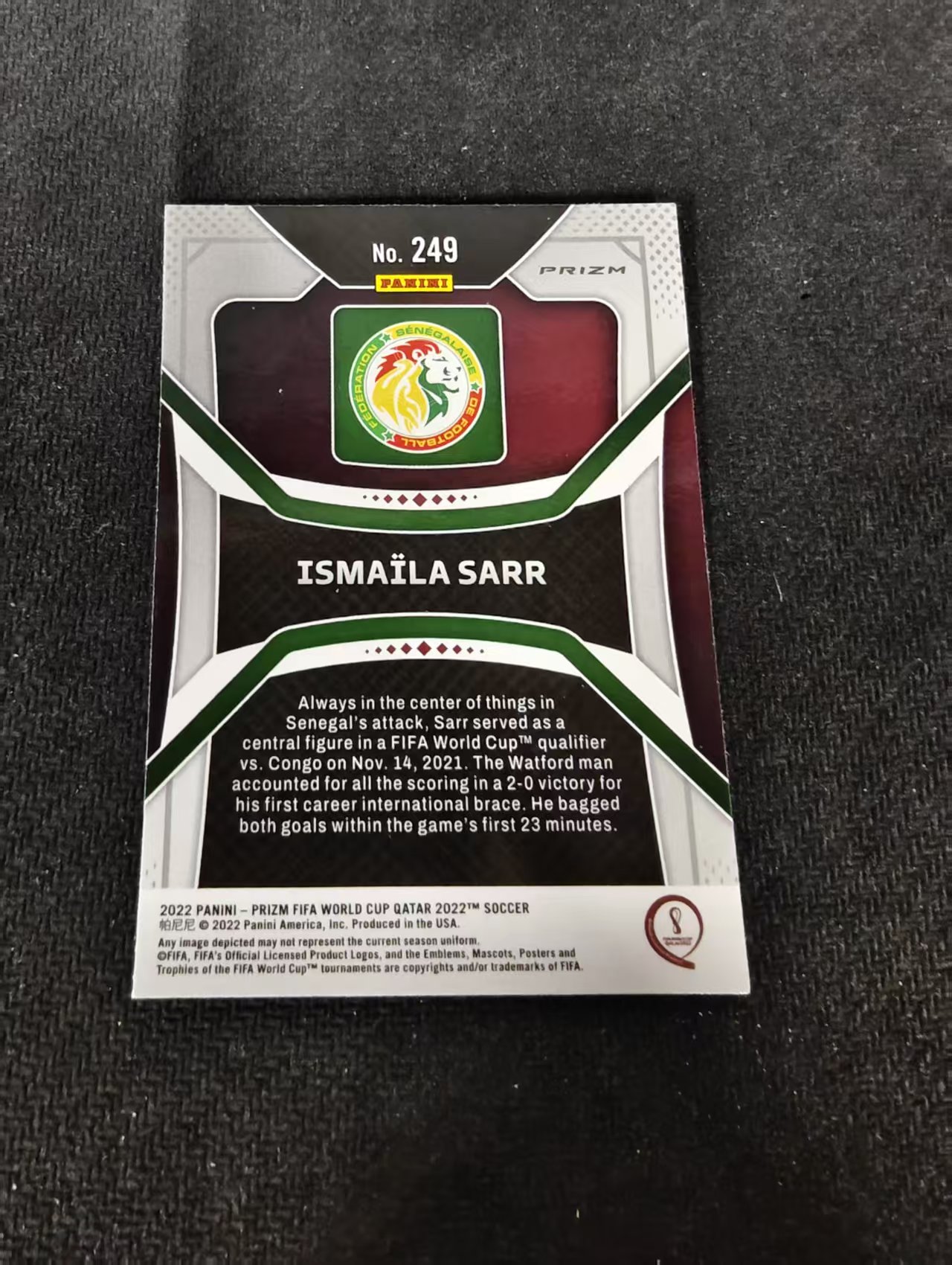 【可合并,不累计】2022 Panini prizm Ismaila Sarr 塞内加尔 萨尔 PZ 卡塔尔世界杯 红圈圈折 划痕 边角瑕疵 #249