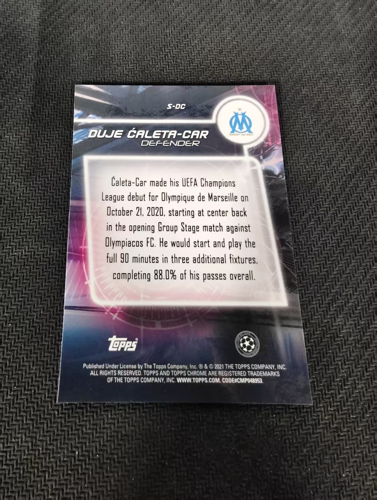 【可合并,不累计】2021 Topps Chrome Duje Caleta Car RC 卡莱塔 新秀 马赛 欧冠 银折 划痕 边角瑕疵