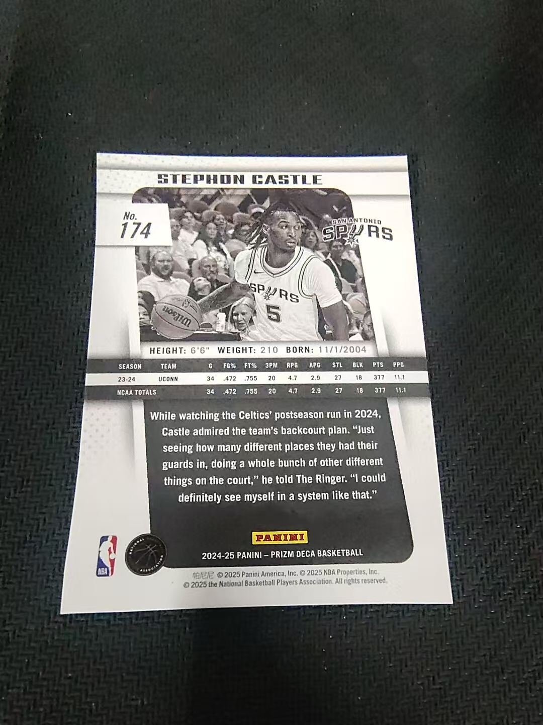 【可合并,不累计】2024-25 Panini Prizm Deca Stephon Castle 复刻PZ 新秀RC 斯蒂芬 卡斯尔 马刺 划痕 边角瑕疵 #174