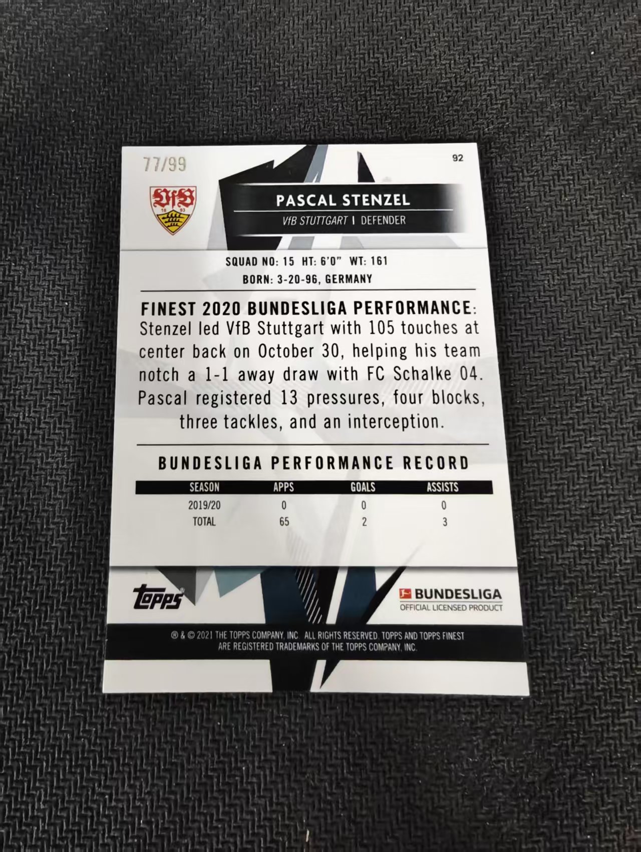 【可合并,不累计】2021 Topps Finest Pascal Stenzel 德甲Finest 斯图加特 斯滕泽尔 99编 绿折 瑕疵如图