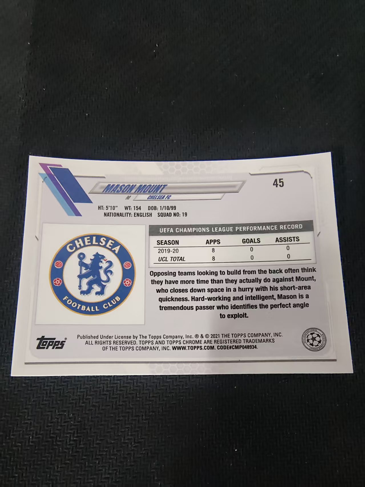 【可合并,不累计】2021 Topps Chrome Mason Mount 切尔西 芒特 欧冠 划痕 边角瑕疵 @45
