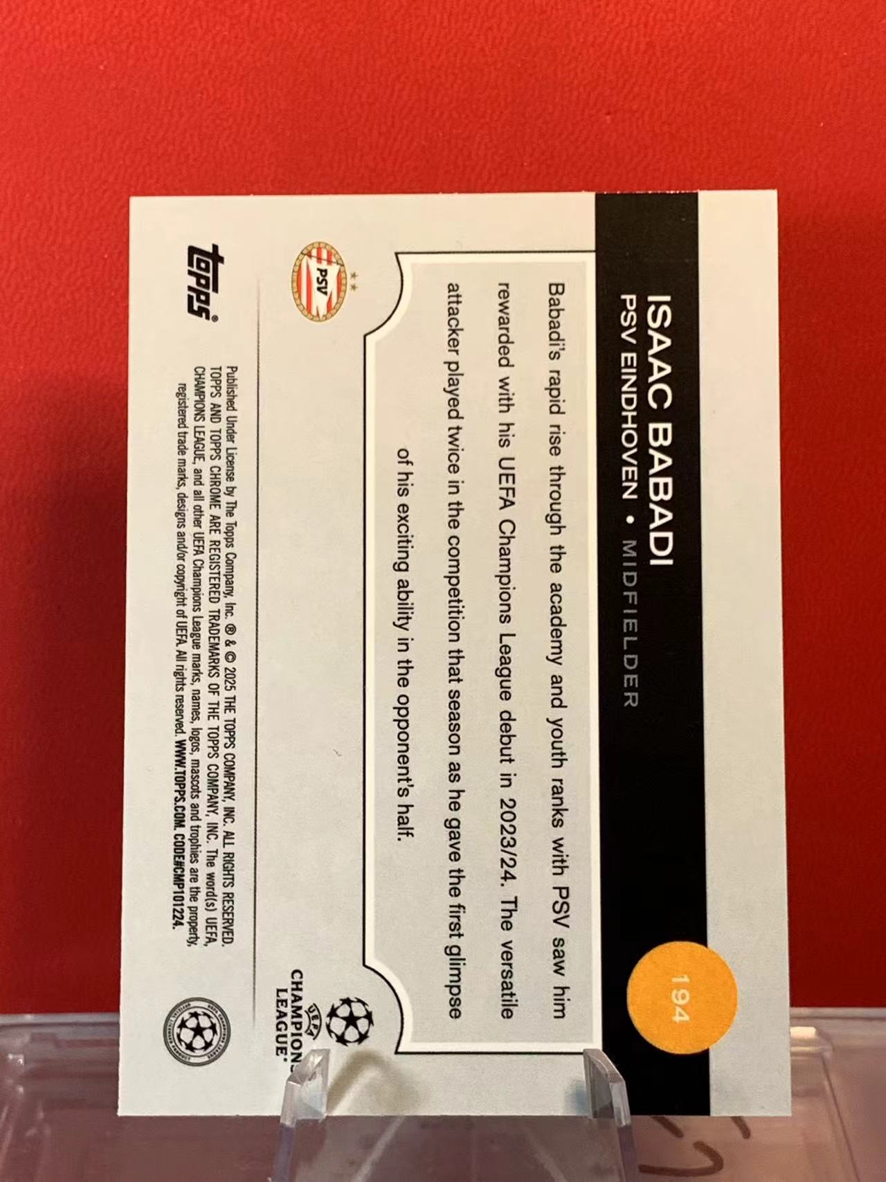 (詹叔代拍)2024-25 Topps Chrome Isaac Babadi 伊萨克 巴巴迪 荷兰 埃因霍温 荷甲过人王 欧冠 TC 213/299编 卡品如图 顺丰寄付 泰山