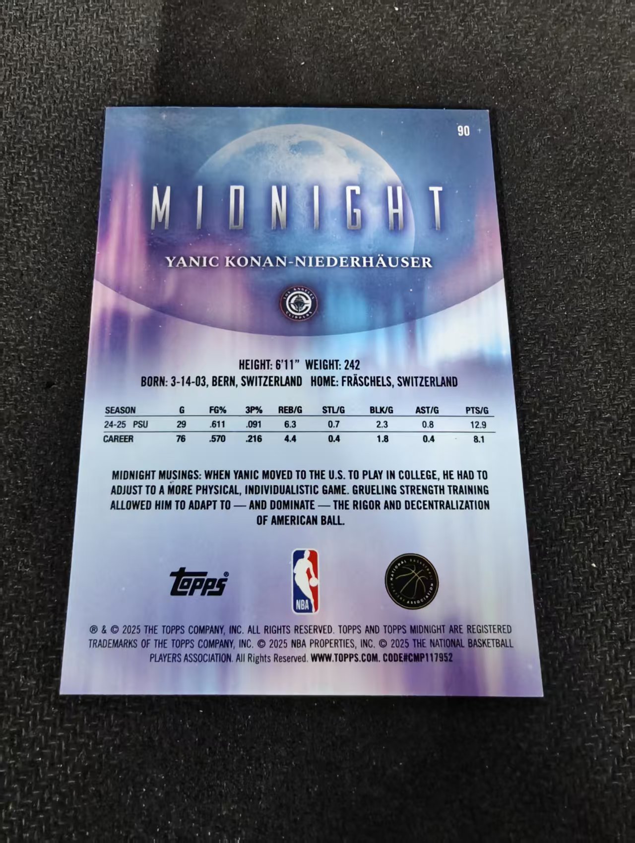 2025 Topps Midnight Yanic Konan-Niederhauser 午夜系列 快船 新秀 亚尼克 科南 尼德豪泽 149编 瑕疵如图