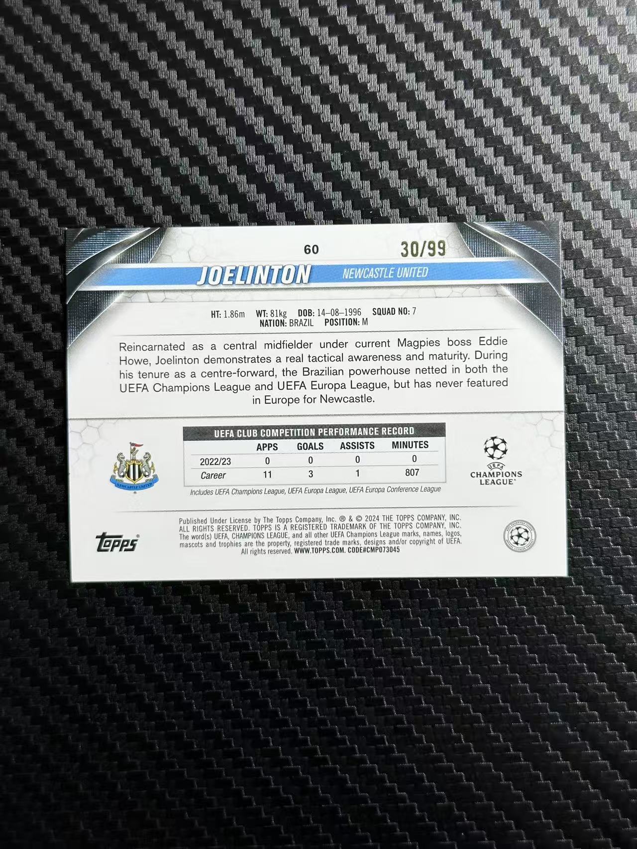 2024 Topps ucc Joelinton 欧冠 碧玉 纽卡斯尔 乔林顿 30/99编 白玉折 卡品如图 拍前看描述