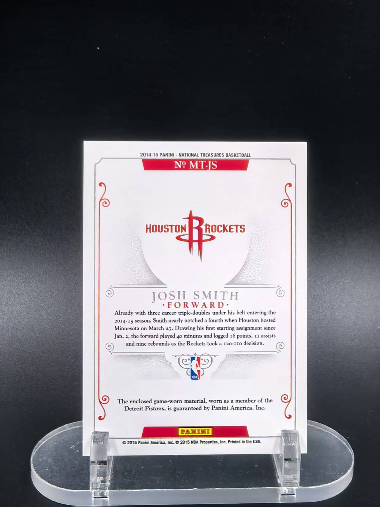 2014-15 Panini National Treasures Josh Smith #MT-JS 约什 史密斯 火箭 国宝落场球衣 51/99编