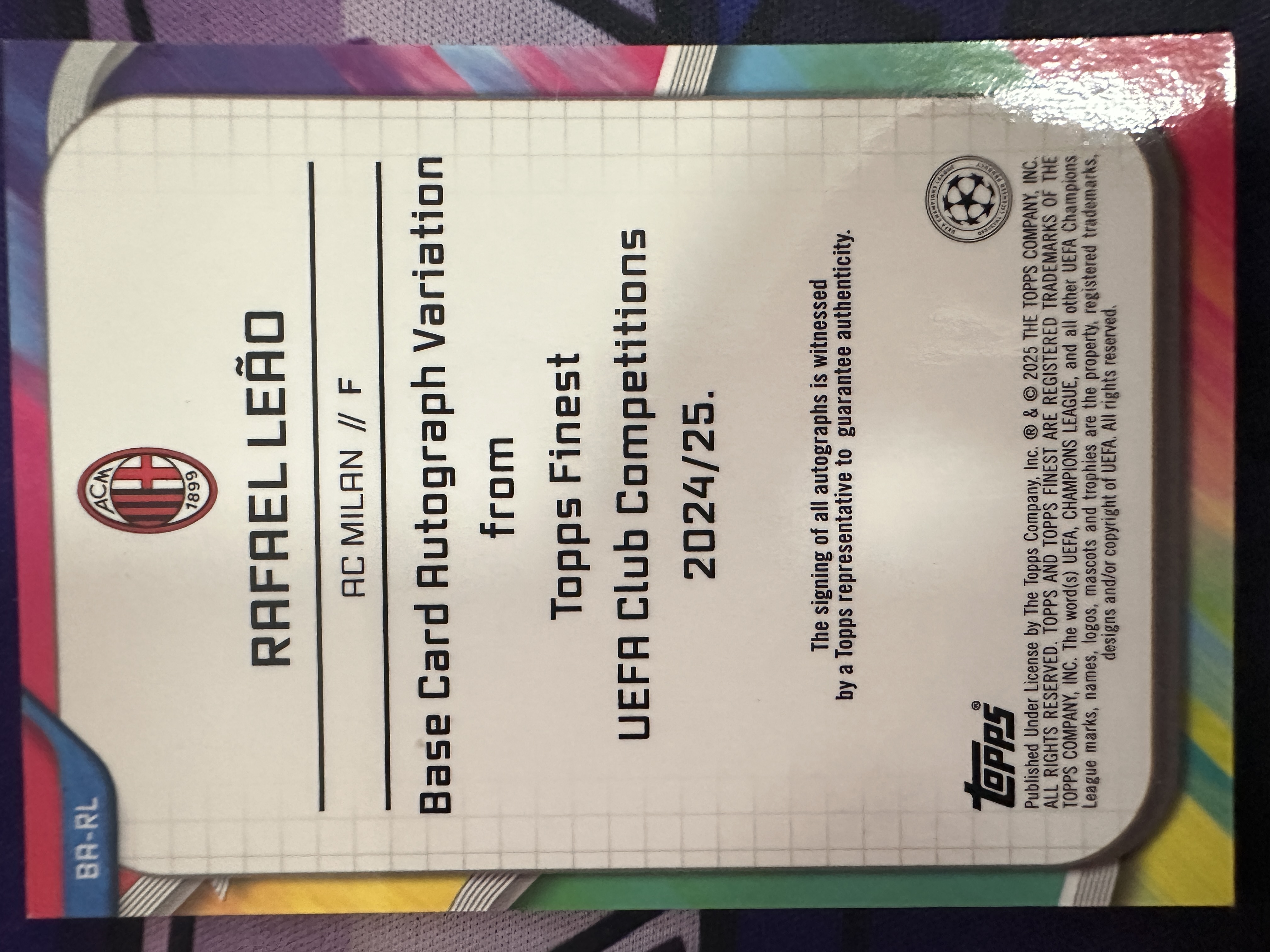 2025 Topps Finest Rafael Leao 拉斐尔 莱奥 签字 24/50编 金折 AC米兰 瑕疵