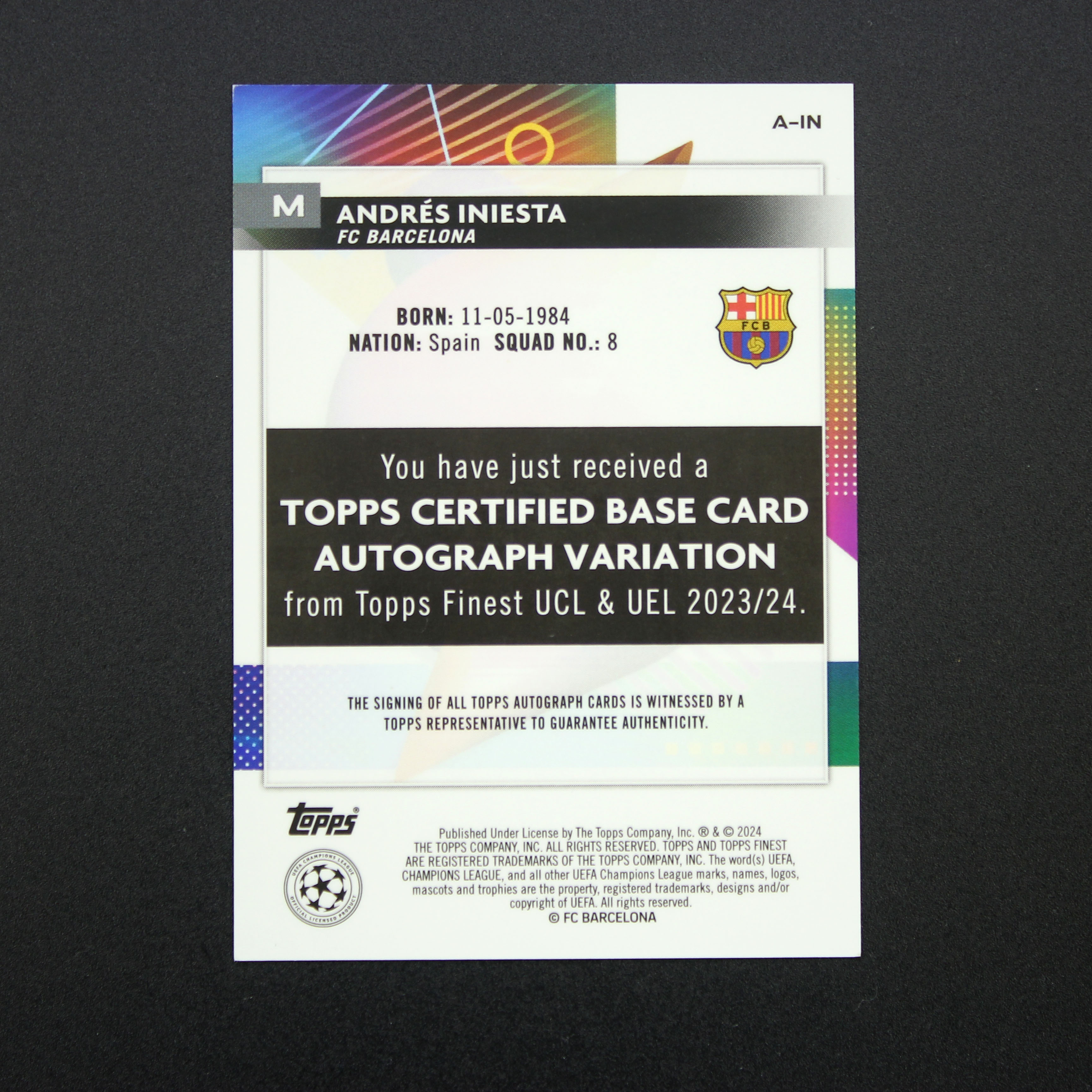2023-24 Topps Finest Andres Iniesta 巴萨西班牙传奇 小白 伊涅斯塔 24/99绿折签 墨迹完美!【HOPE代卖(4.5%含卡淘)】