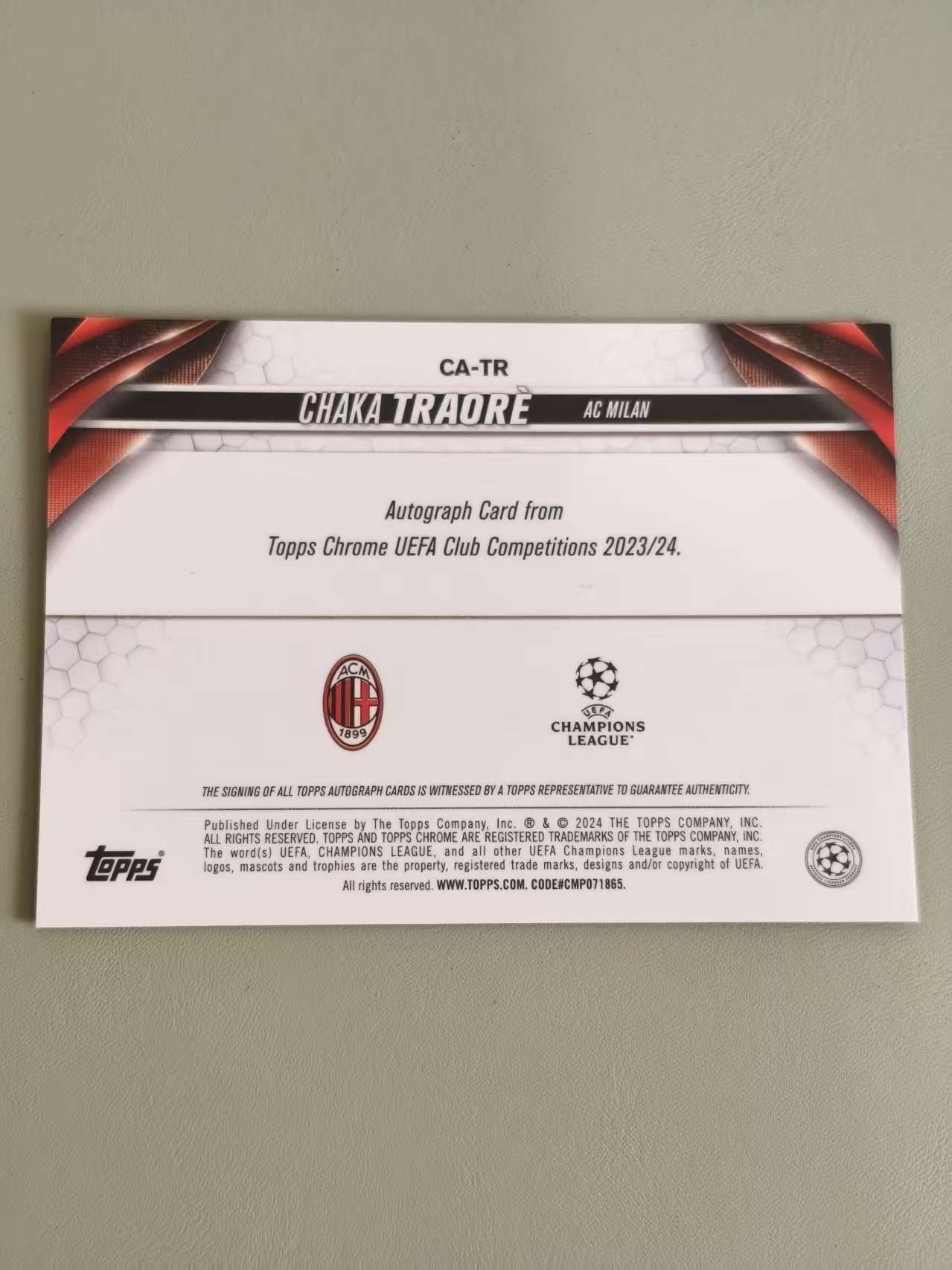2024 Topps Chrome Chaka Traore RC 特劳雷 特拉奥雷 签字 欧冠 TC AC米兰 新秀年 中场 卡品如图