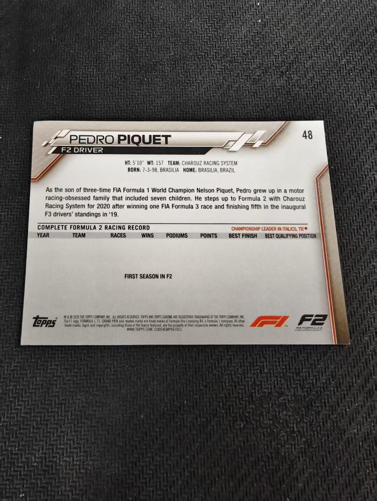 【汽水拍卖】2020 Topps Chrome F1 Pedro Piquet 佩德罗 皮奎特 元年 蓝宝石 碎冰折 角瑕疵 #48