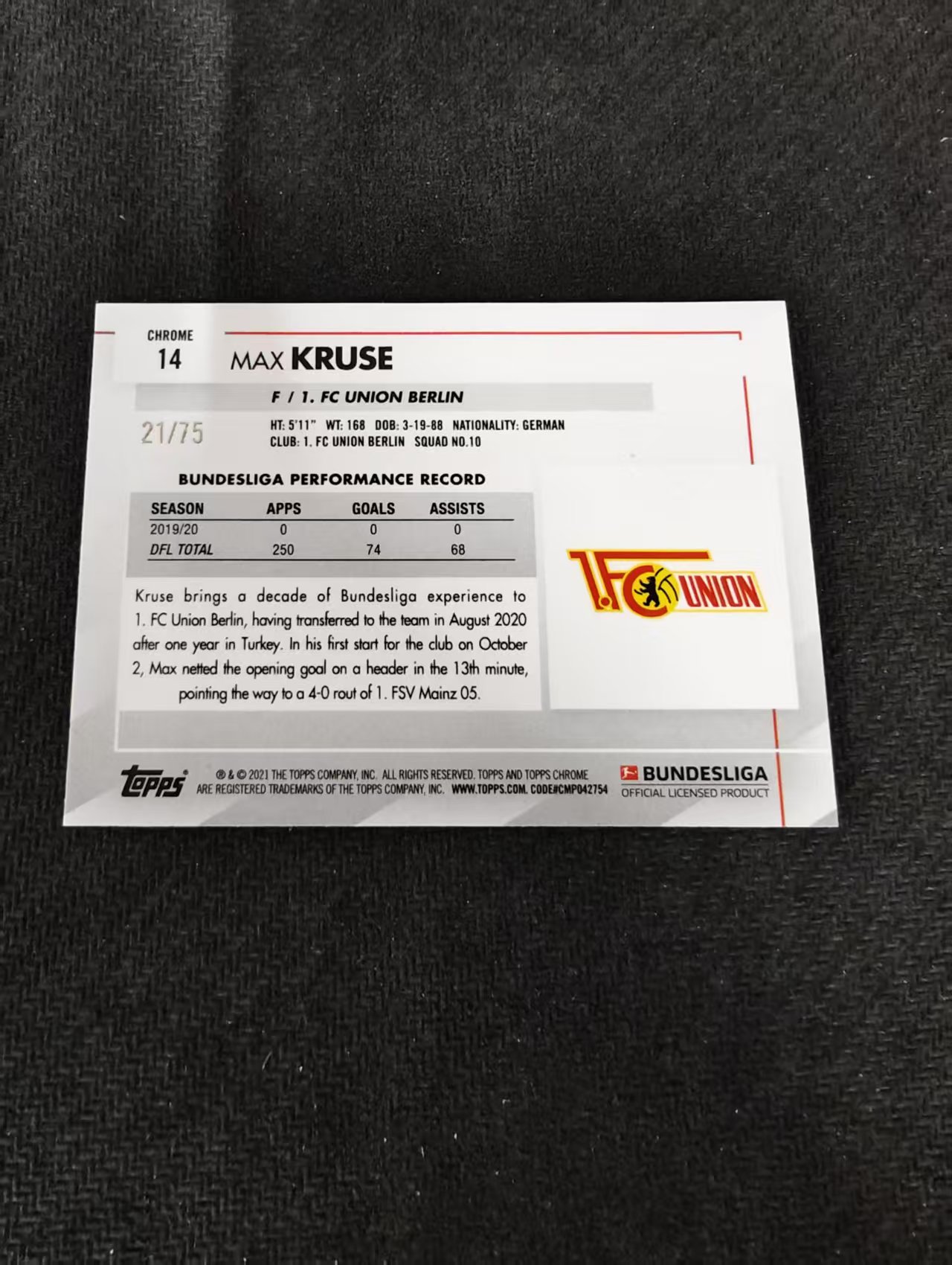 【可合并,不累计】2021 Topps Chrome Max Kruse 德甲TC 柏林联合 马克思 克鲁泽 粉波纹 75编 划痕 边角瑕疵