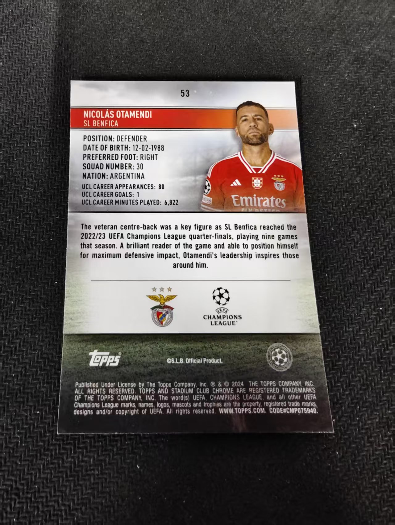 【可合并,不累计】2024 Topps Stadium Club Chrome otamendi 尼古拉斯 奥塔门迪 本菲卡 竞技场 欧冠 不保卡品 介意勿拍 #53