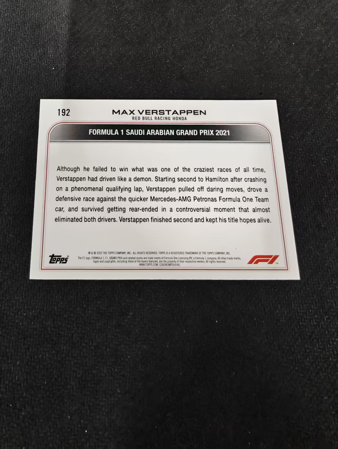 2022 Topps Chrome F1 Max Verstappen 维斯塔潘 红牛 划痕 边角瑕疵 @192