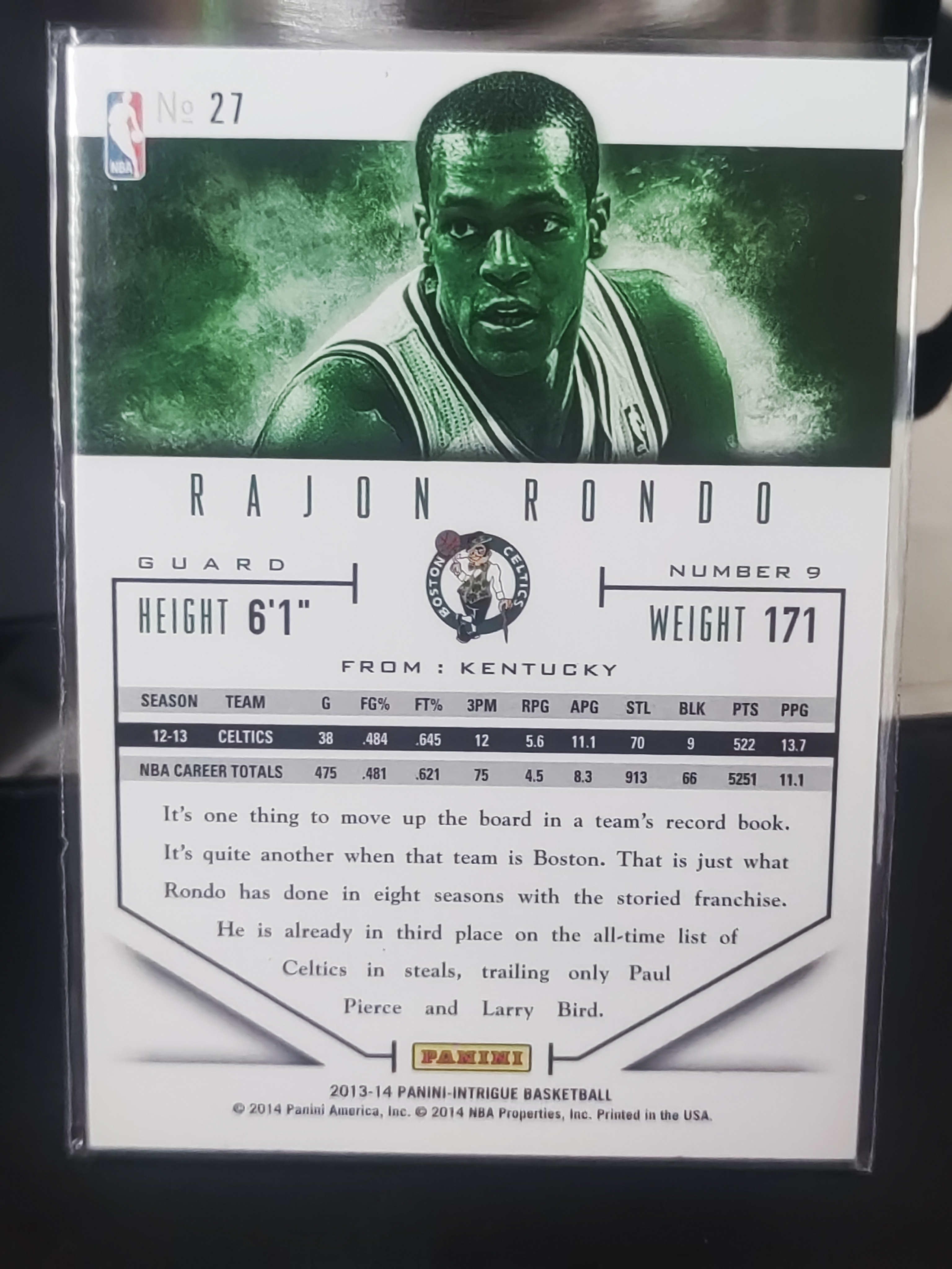 2013-14 Panini Intrigue Rajon Rondo 阴谋 拉简隆多 凯尔特人 绝版 稀有 篮 白边白角 不保卡品 卡品如图