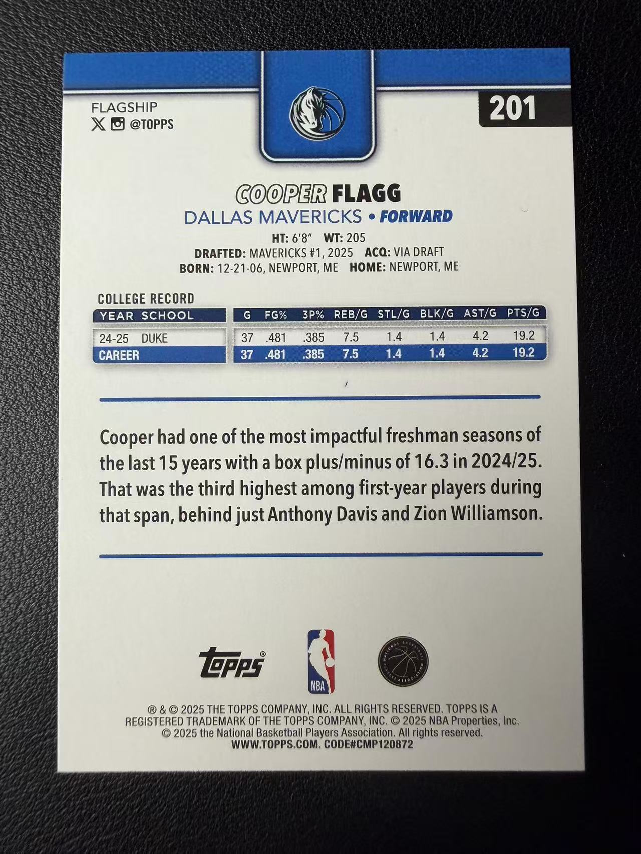 2025-26 Topps Basketball Cooper Flagg RC TC 独行侠 新秀 库珀 弗拉格 正Base 状元 美国之子 卡品如图(持)