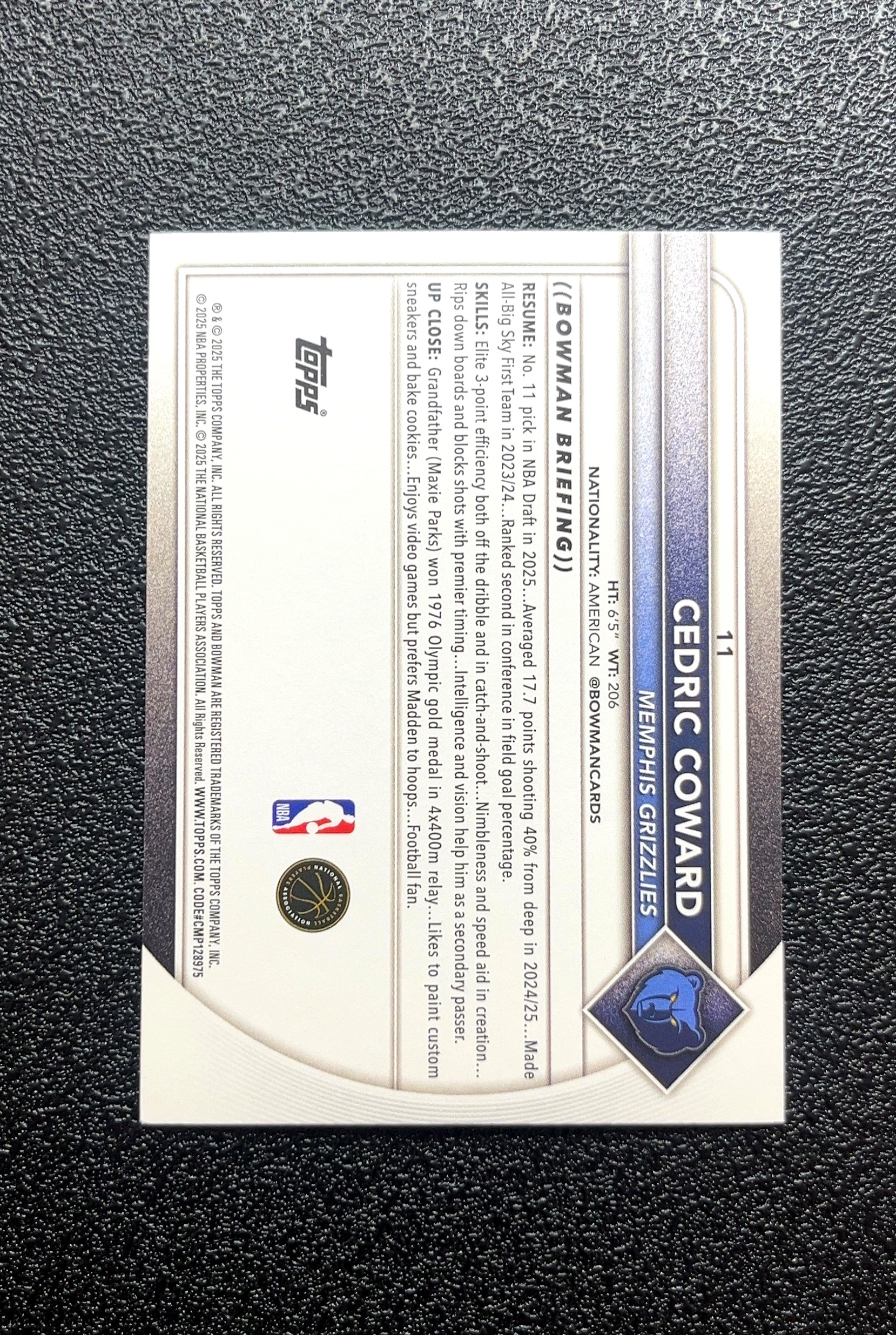 【小白1%代卖】2025 Topps Bowman 鲍曼 Cedric Coward 塞德里克·考沃德 新秀 RC 卡品如图 高价值 #11 Memphis Grizzlies 0019#245