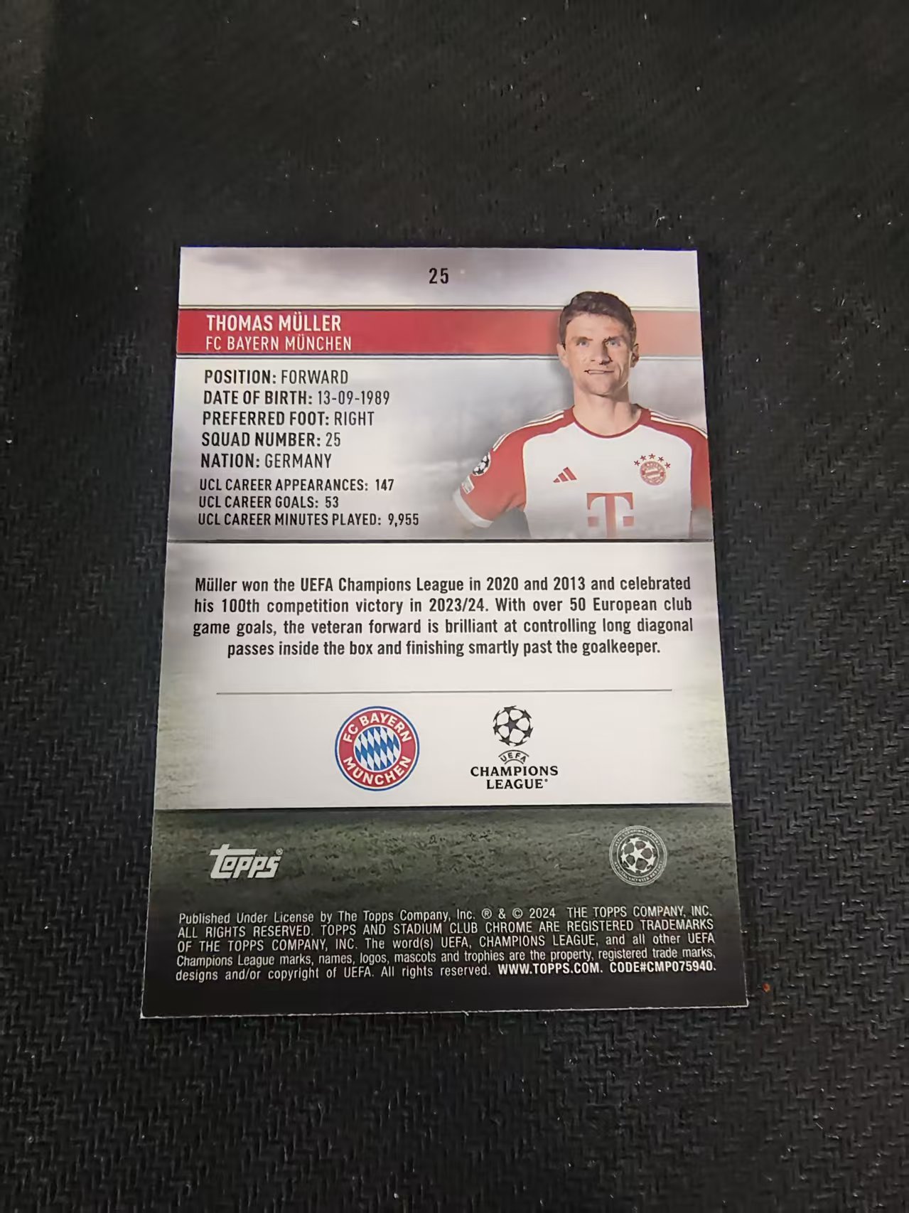 【可合并,不累计】2024 Topps Stadium Club Chrome Thomas Muller 托马斯 穆勒 拜仁慕尼黑 竞技场 欧冠 划痕 边角瑕疵 #25