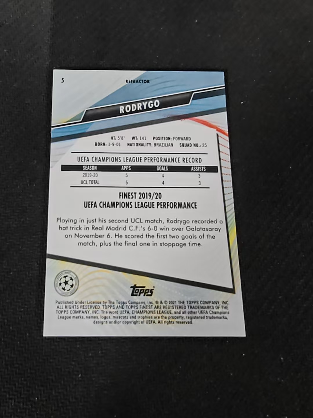 【可合并,不累计】2021 Topps Finest Rodrygo 欧冠 皇马 罗德里戈 银折 划痕 边角瑕疵 #5