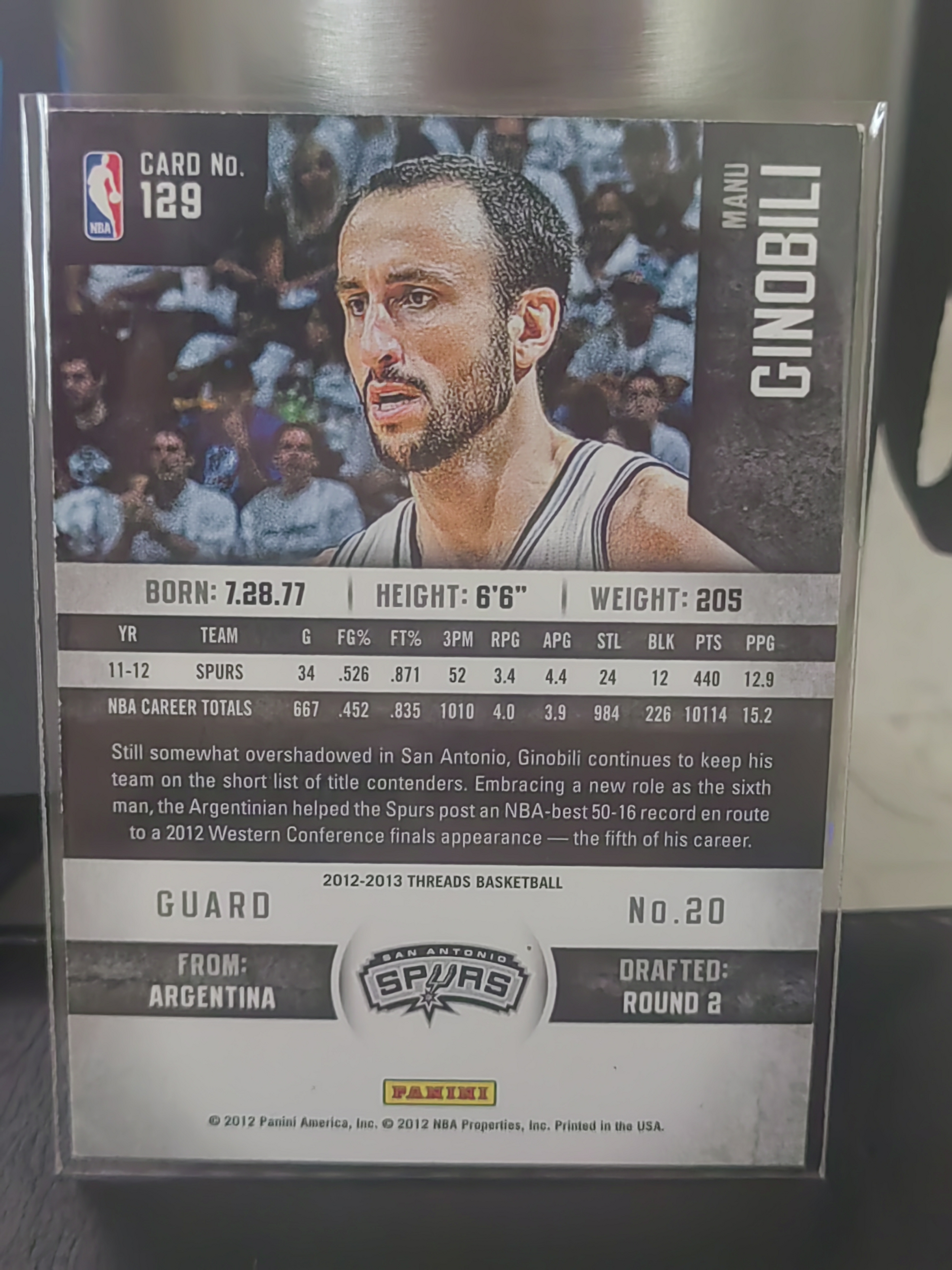 2012 Panini Threads Manu Ginobili 小背心 金标 马努 吉诺比利 妖刀 马刺 篮 白边白角 不保卡品 卡品如图