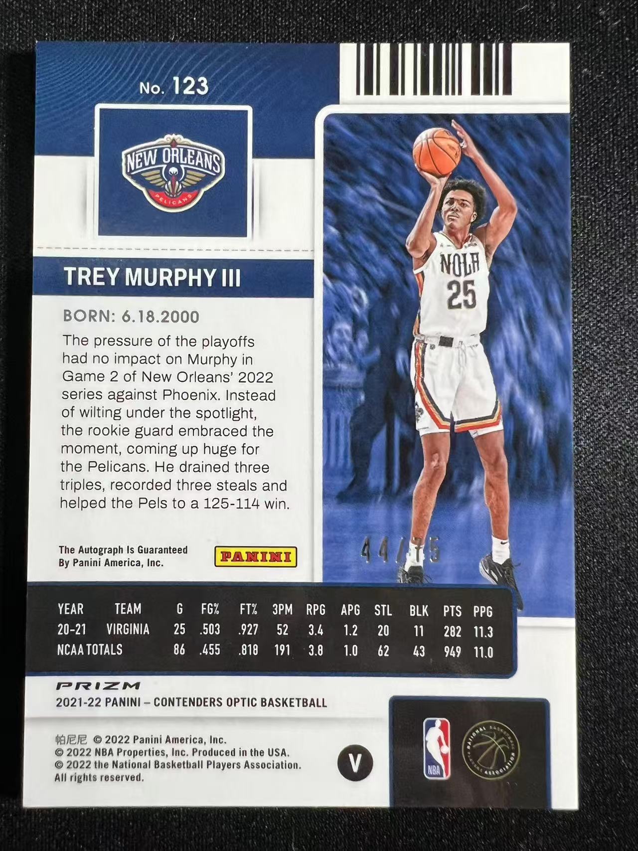 2021-22 Panini Contenders Optic Trey Murphy III RC 【特雷 墨菲 专卖】 球票Op系列 红折 75编 签字 专收凑套 墨菲三世 瑕疵如图 未来可期