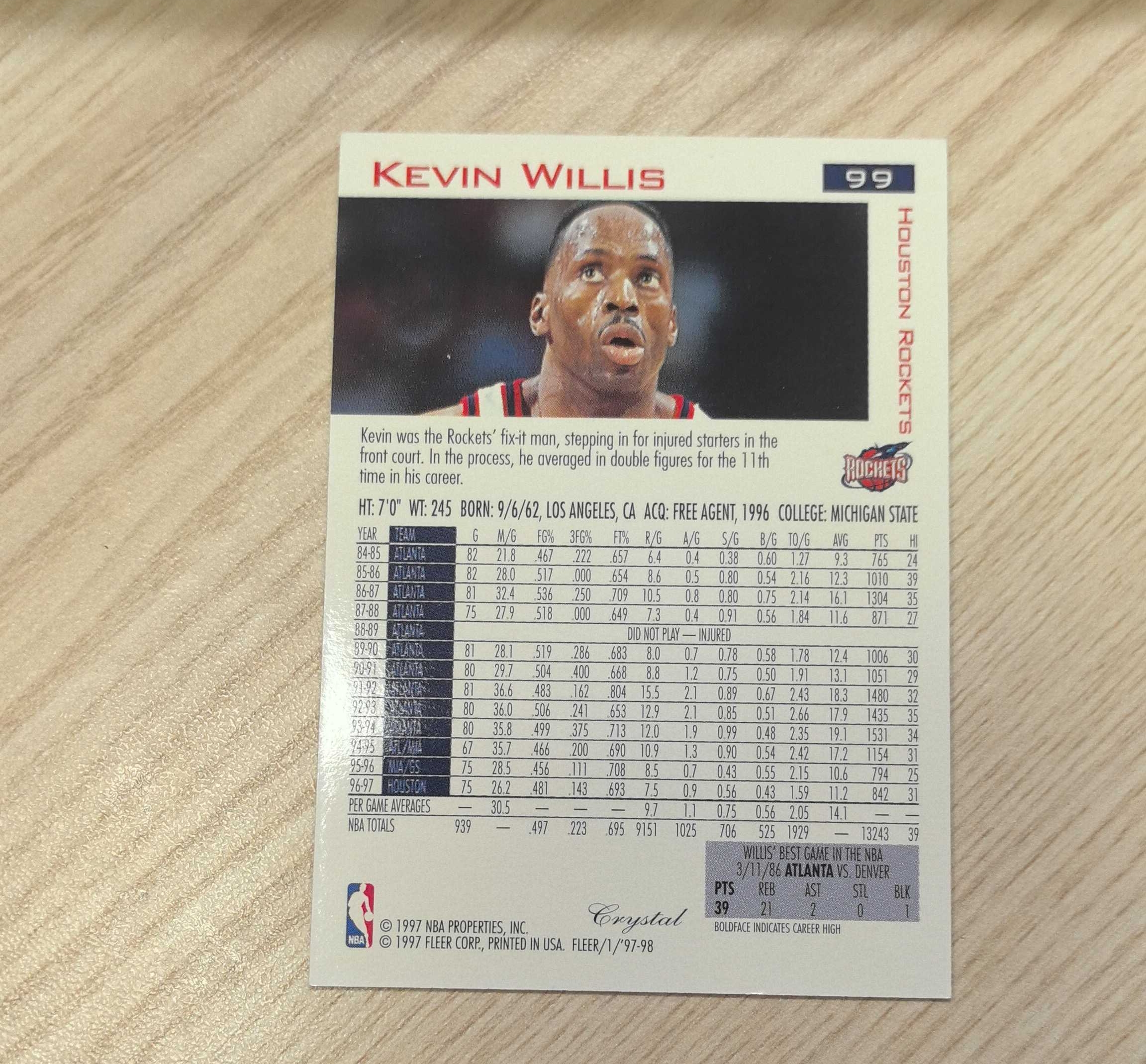 1997-98 Fleer Tradition Kevin Willis 凯文·威利斯 全明星 03年随马刺夺总冠军 先后效力于老鹰、热火、勇士、火箭、猛龙、掘金和小牛(独行侠)长达23个赛季