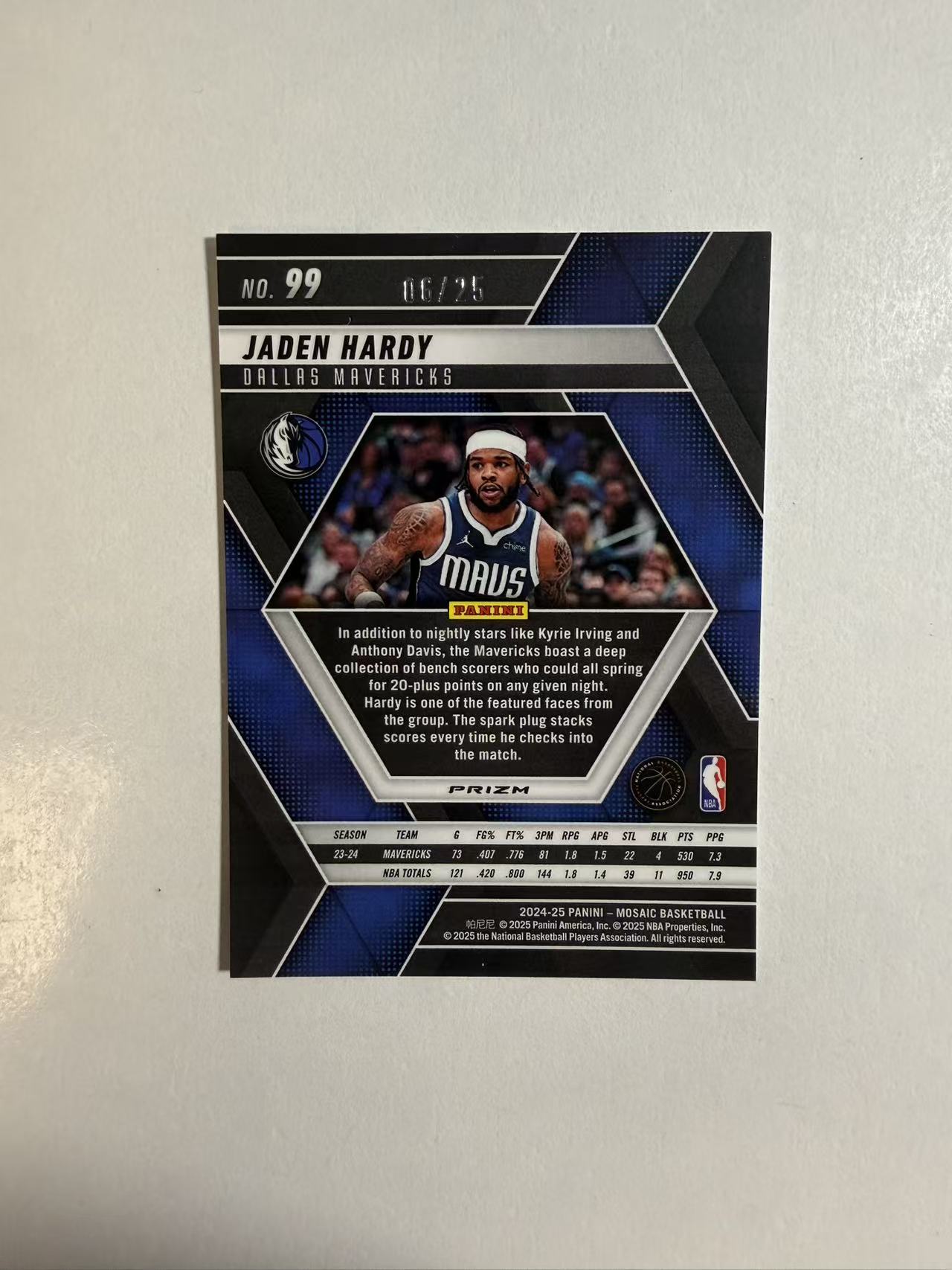 2024-25 Panini Mosaic Jaden Hardy 马赛克 独行侠 杰登 哈迪 白折 25编 卡品如图 不保卡品 介意勿拍