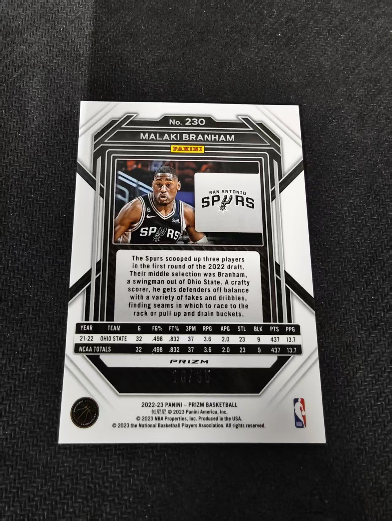 2022-23 Panini Prizm Malaki Branham RC 马刺 马拉基布拉纳姆 新秀 蓝雨点 shimmer折 35编 划痕 边角瑕疵